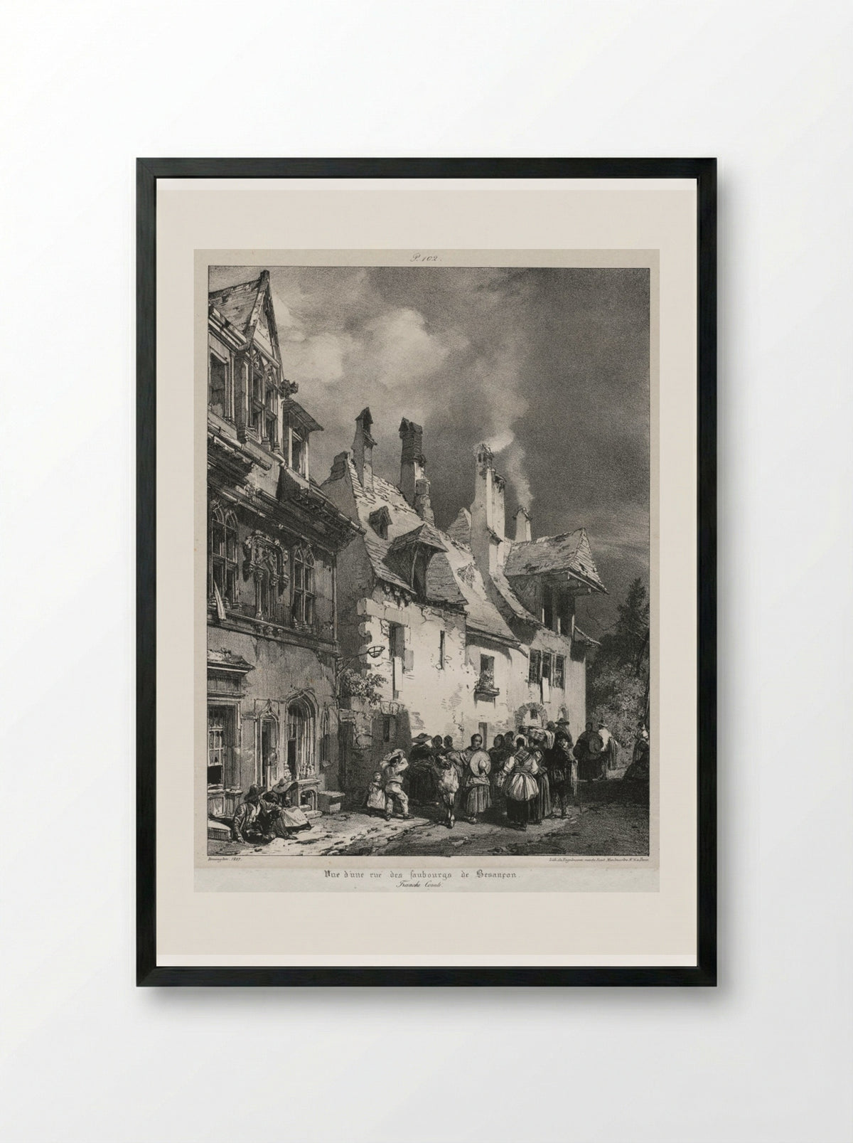 Vue d'une rue des faubourgs de Besançon - Richard Parkes Bonington - Framed Print Black
