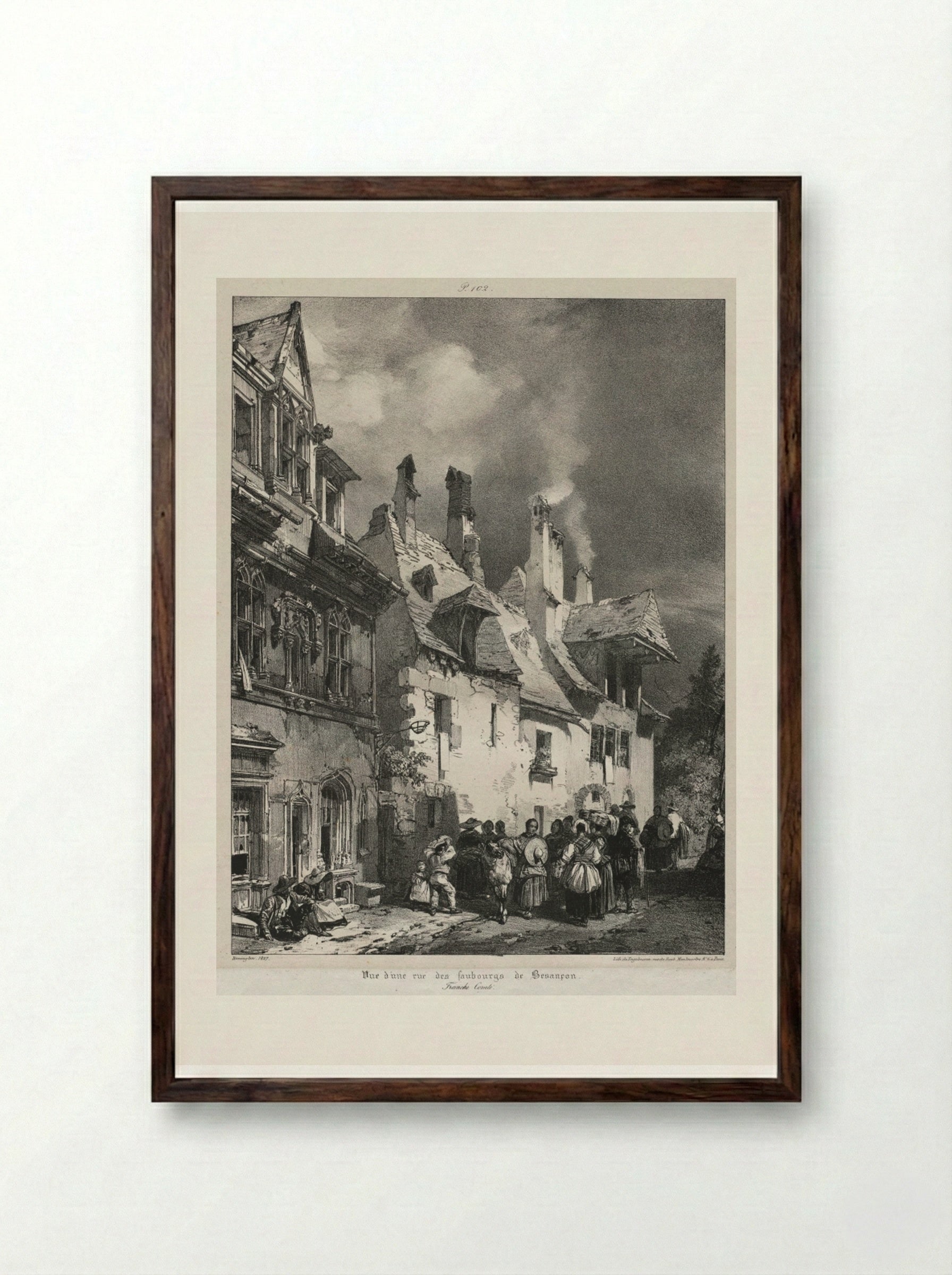 Vue d'une rue des faubourgs de Besançon - Richard Parkes Bonington - Framed Print Dark Wood