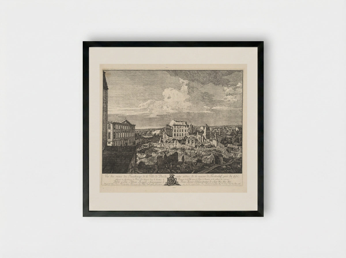 Vue des ruines des Fauxbourgs de la Ville de Dresde - Bernardo Bellotto - Framed Print Black