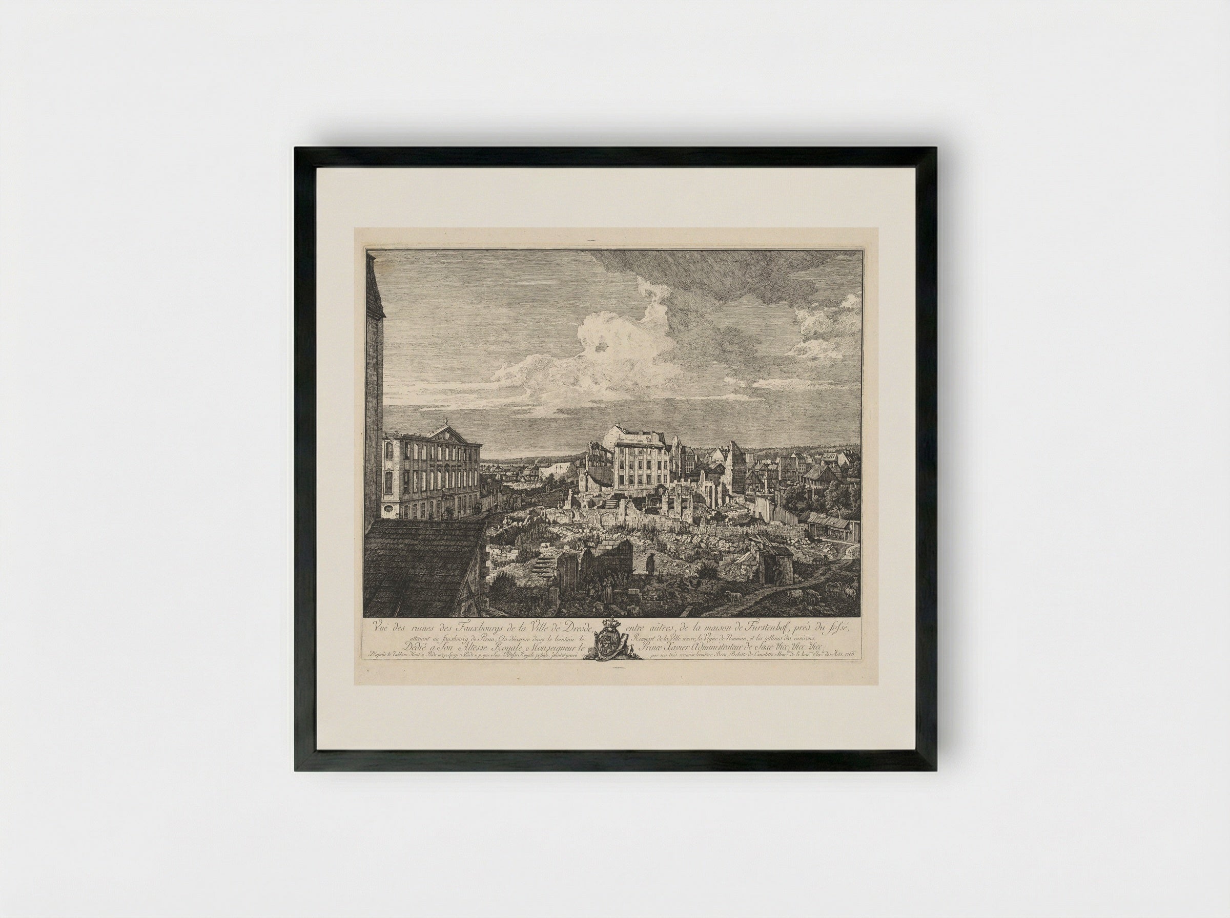 Vue des ruines des Fauxbourgs de la Ville de Dresde - Bernardo Bellotto - Framed Print Black