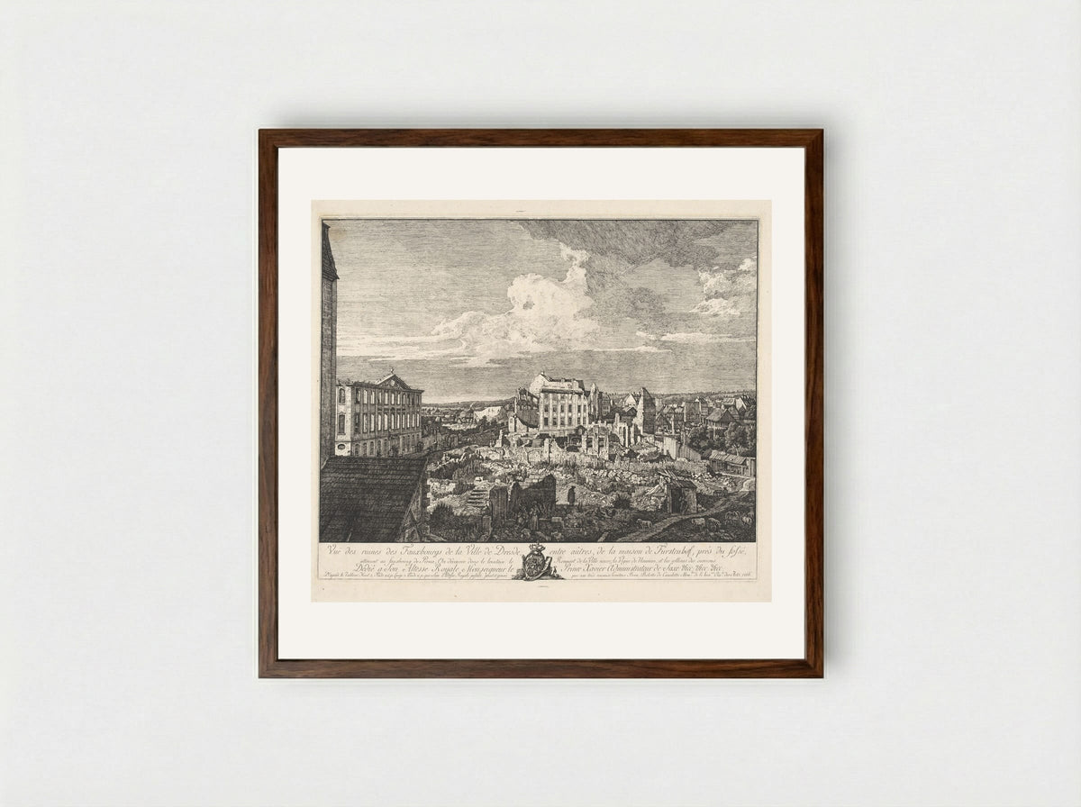 Vue des ruines des Fauxbourgs de la Ville de Dresde - Bernardo Bellotto - Framed Print Dark Wood