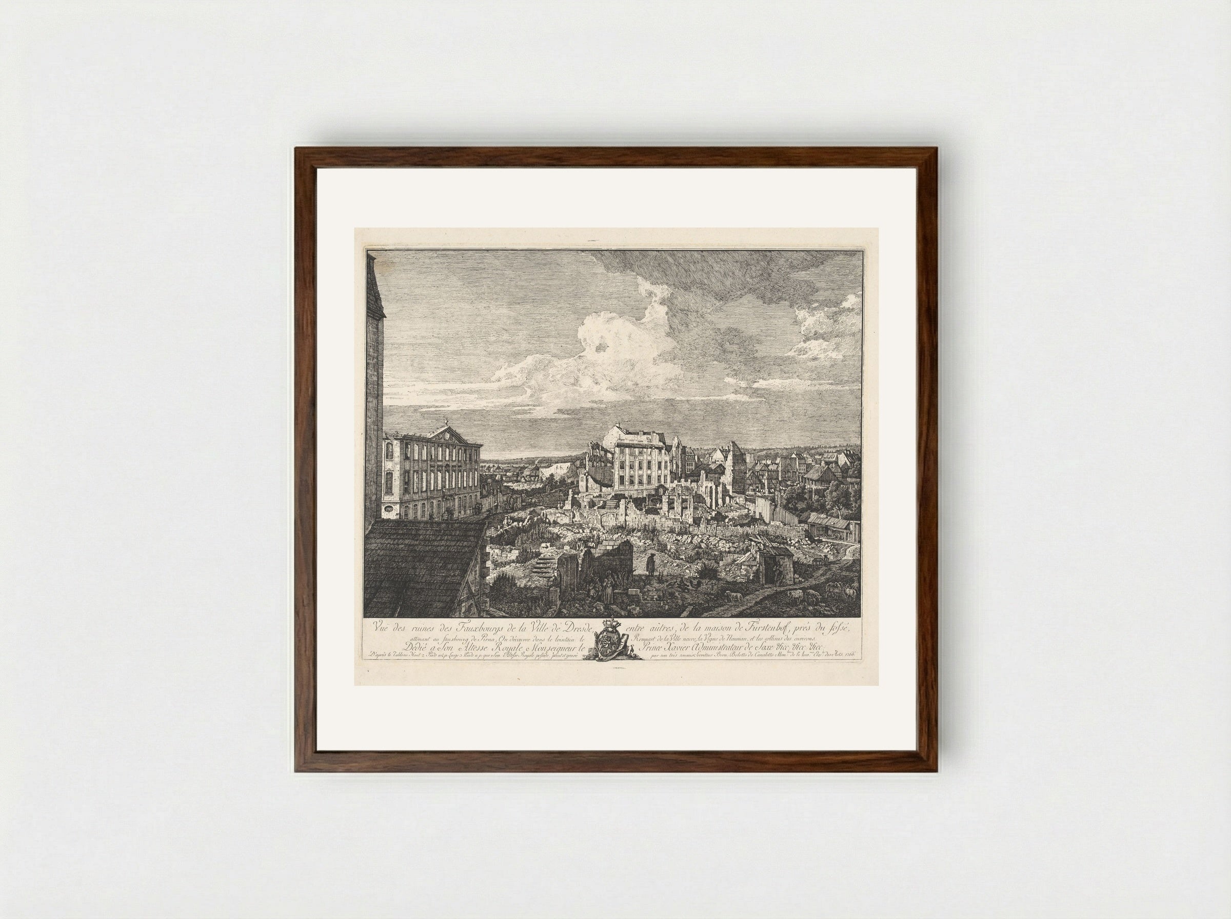 Vue des ruines des Fauxbourgs de la Ville de Dresde - Bernardo Bellotto - Framed Print Dark Wood