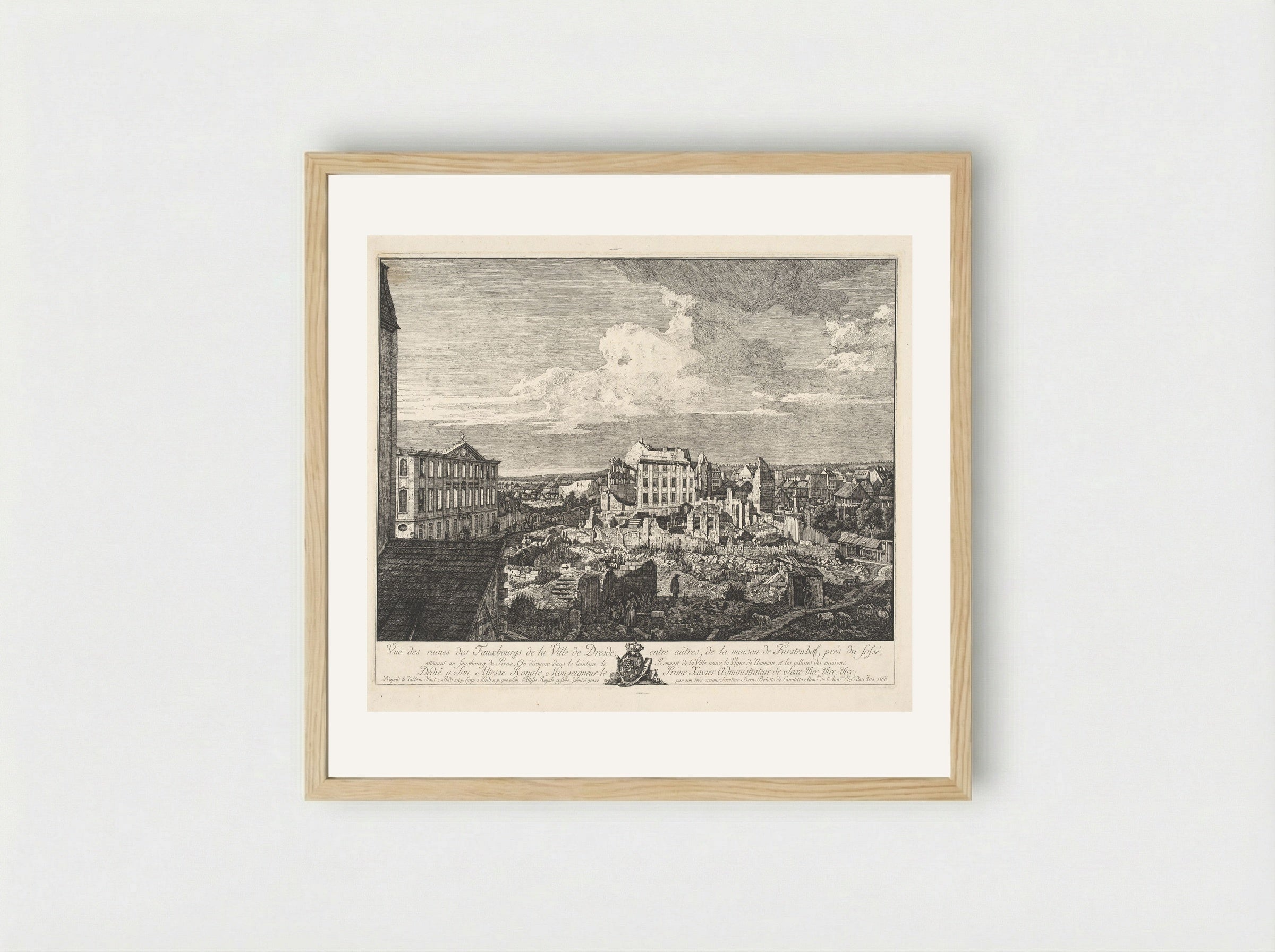 Vue des ruines des Fauxbourgs de la Ville de Dresde - Bernardo Bellotto - Framed Print Wood