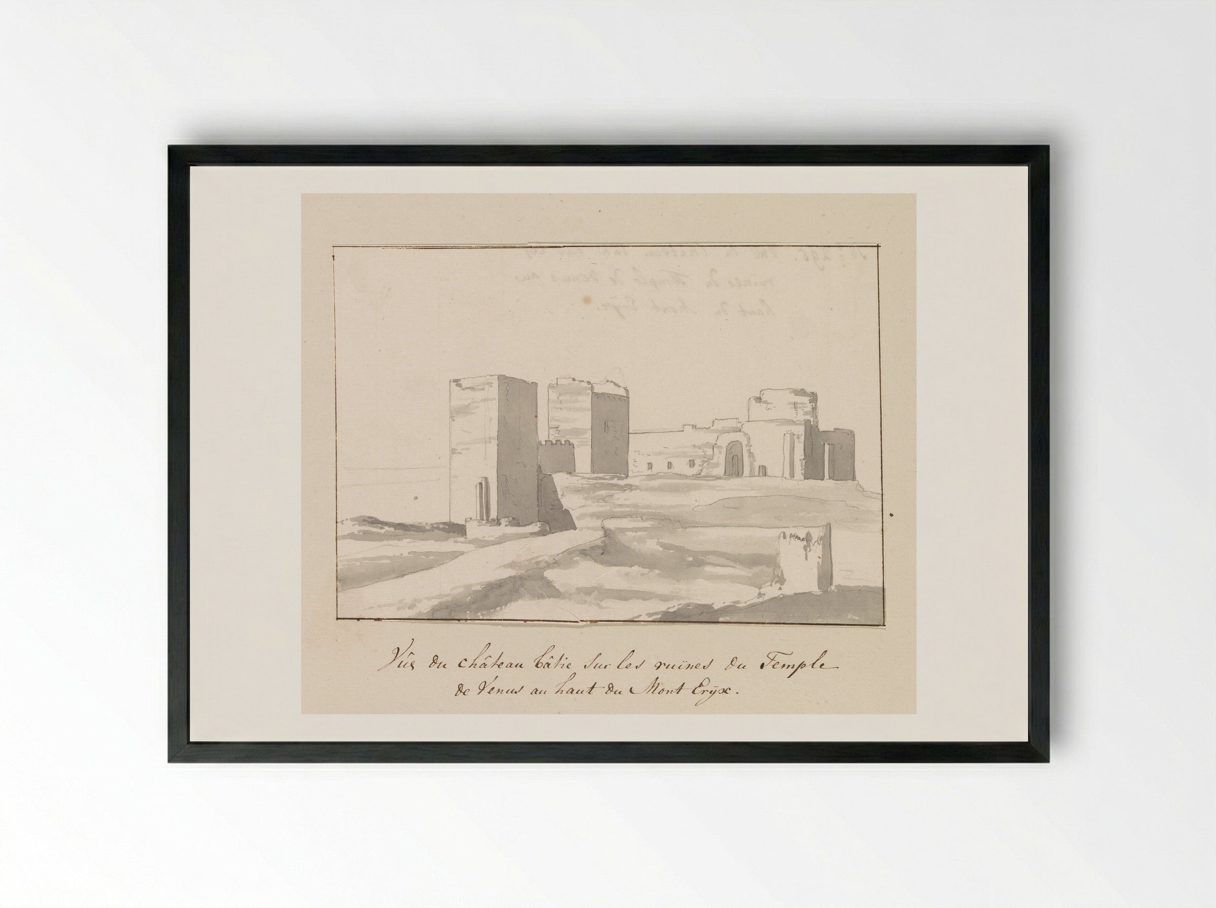 Vue du château bâtie sur les ruines du Temple de Venus au haut du Mont Eryx - Louis Ducros - Framed Print Black