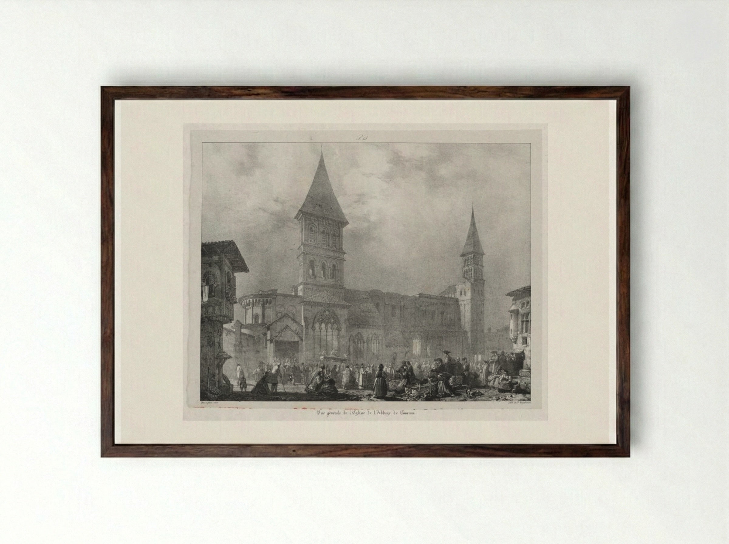 Vue générale de l'église de l'Abbaye de Tournus - Richard Parkes Bonington - Framed Print Dark Wood