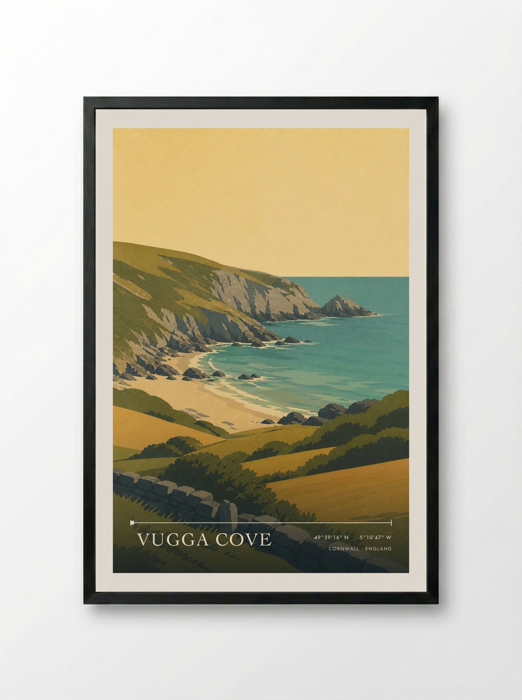 Vugga Cove Cornwall England Travel Poster - Framed Print Black