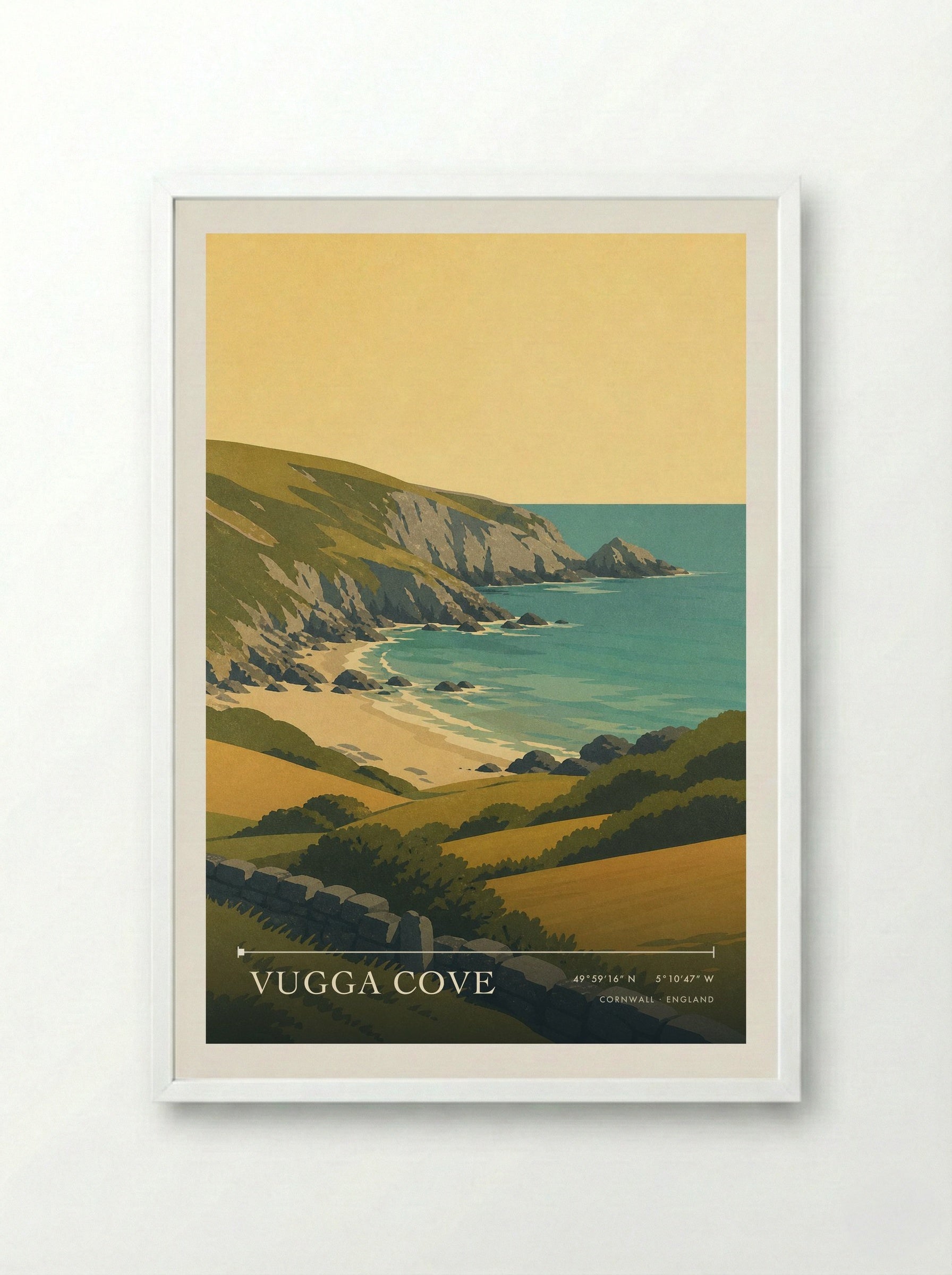 Vugga Cove Cornwall England Travel Poster - Framed Print White