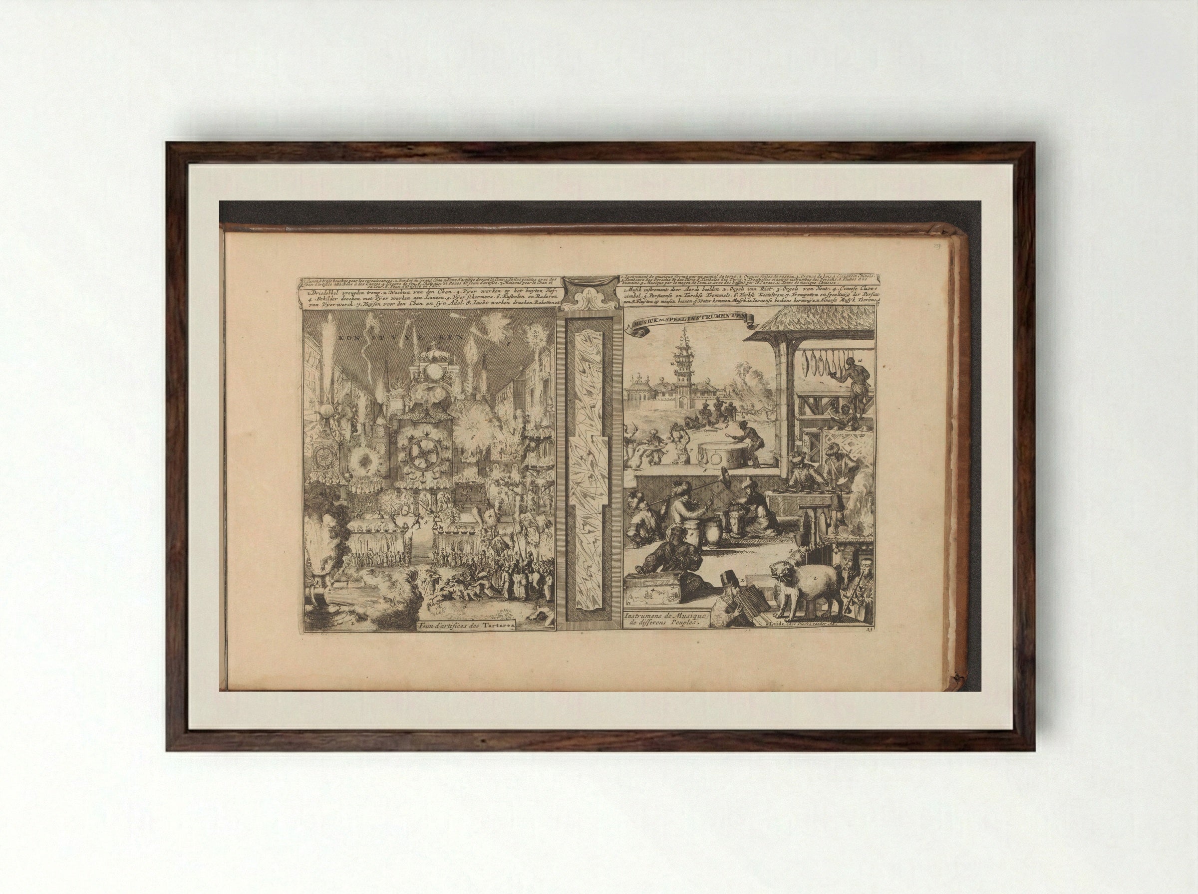 Vuurwerk en muziek - Romeyn de Hooghe - Framed Print Dark Wood