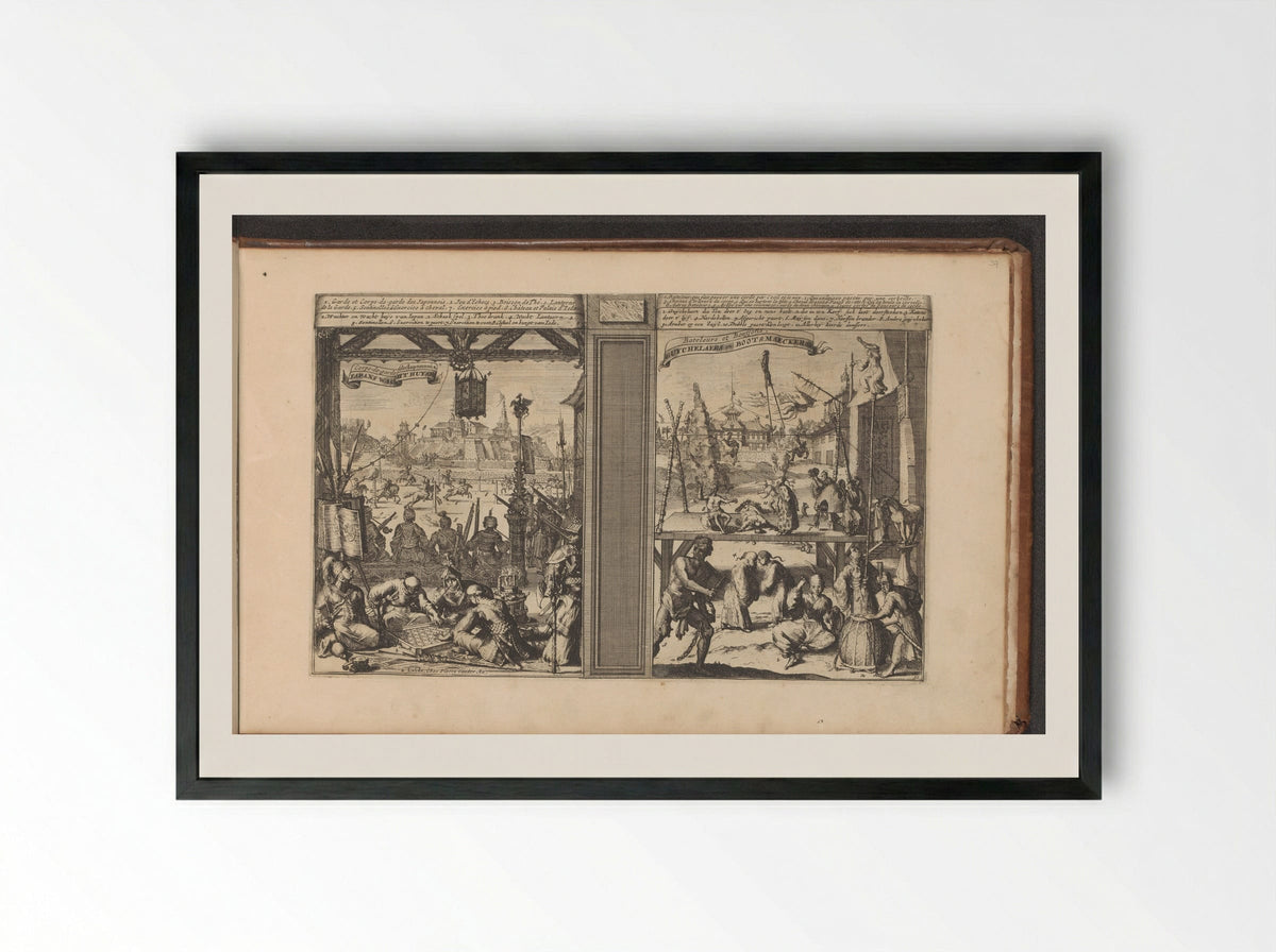 Wachthuis in Japan; Goochelaars en acrobaten - Romeyn de Hooghe - Framed Print Black