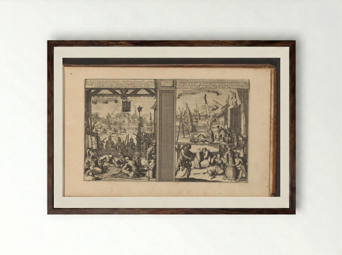 Wachthuis in Japan; Goochelaars en acrobaten - Romeyn de Hooghe - Framed Print Dark Wood