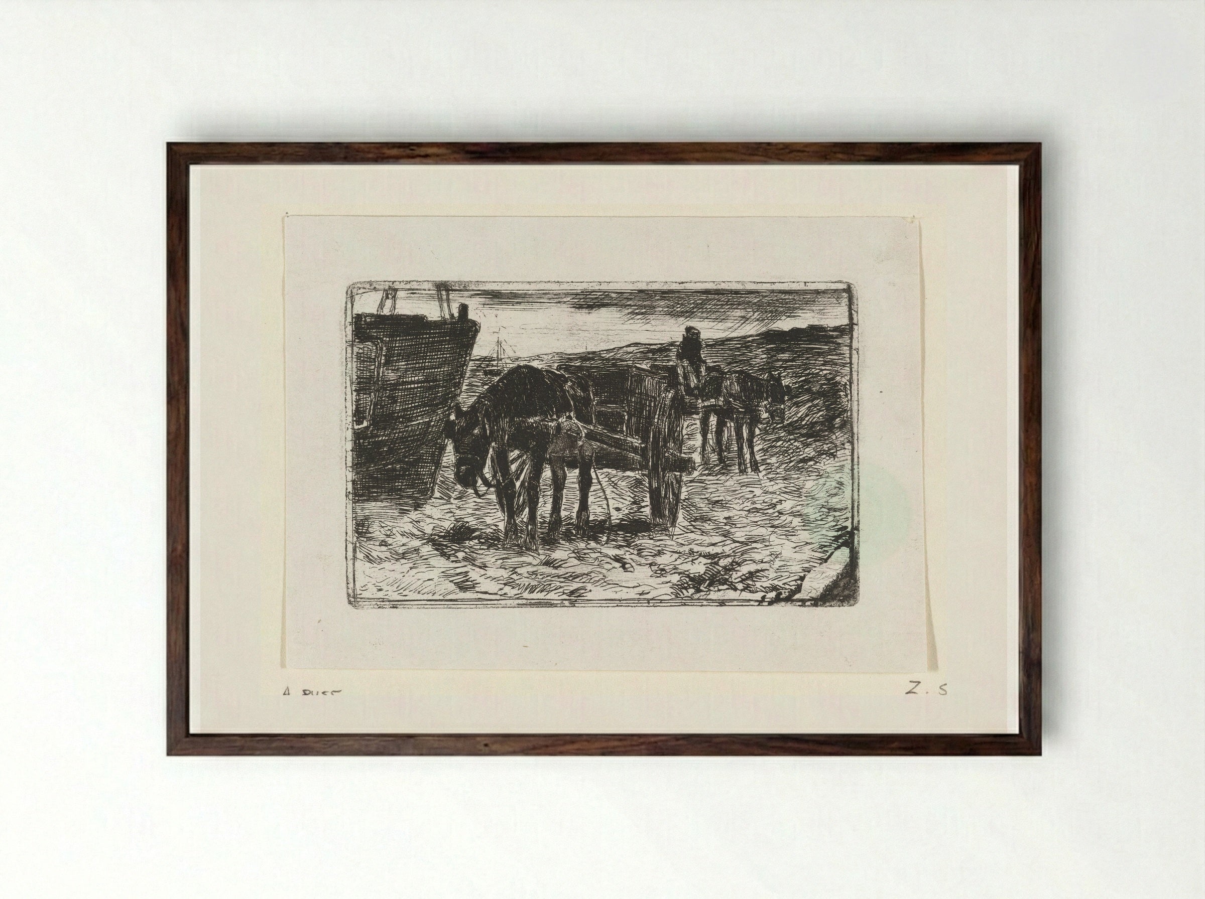 Wagens op het strand - Anton Mauve - Framed Print Dark Wood