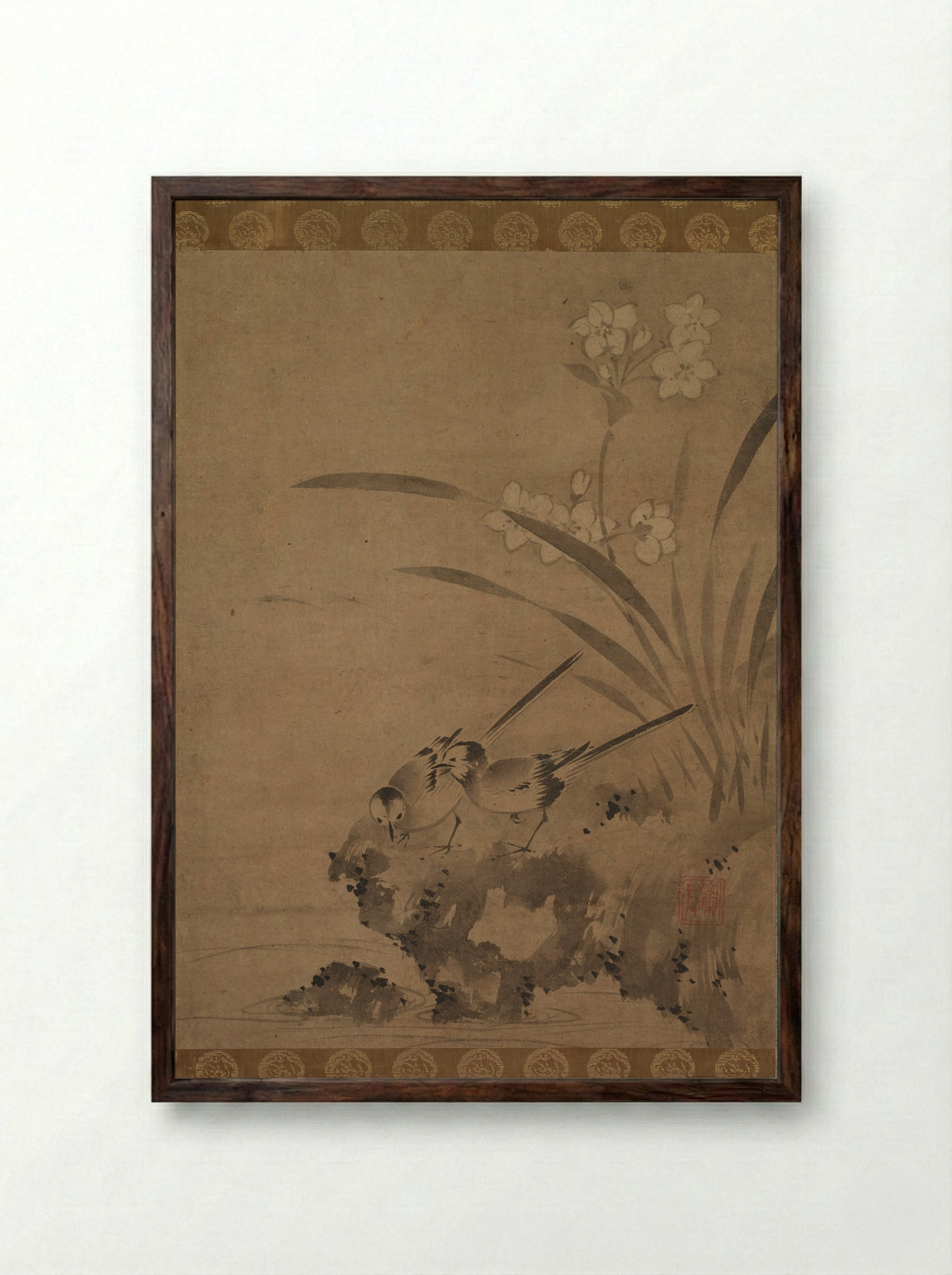 Wagtails and Narcissus - Eison - Framed Print Dark Wood
