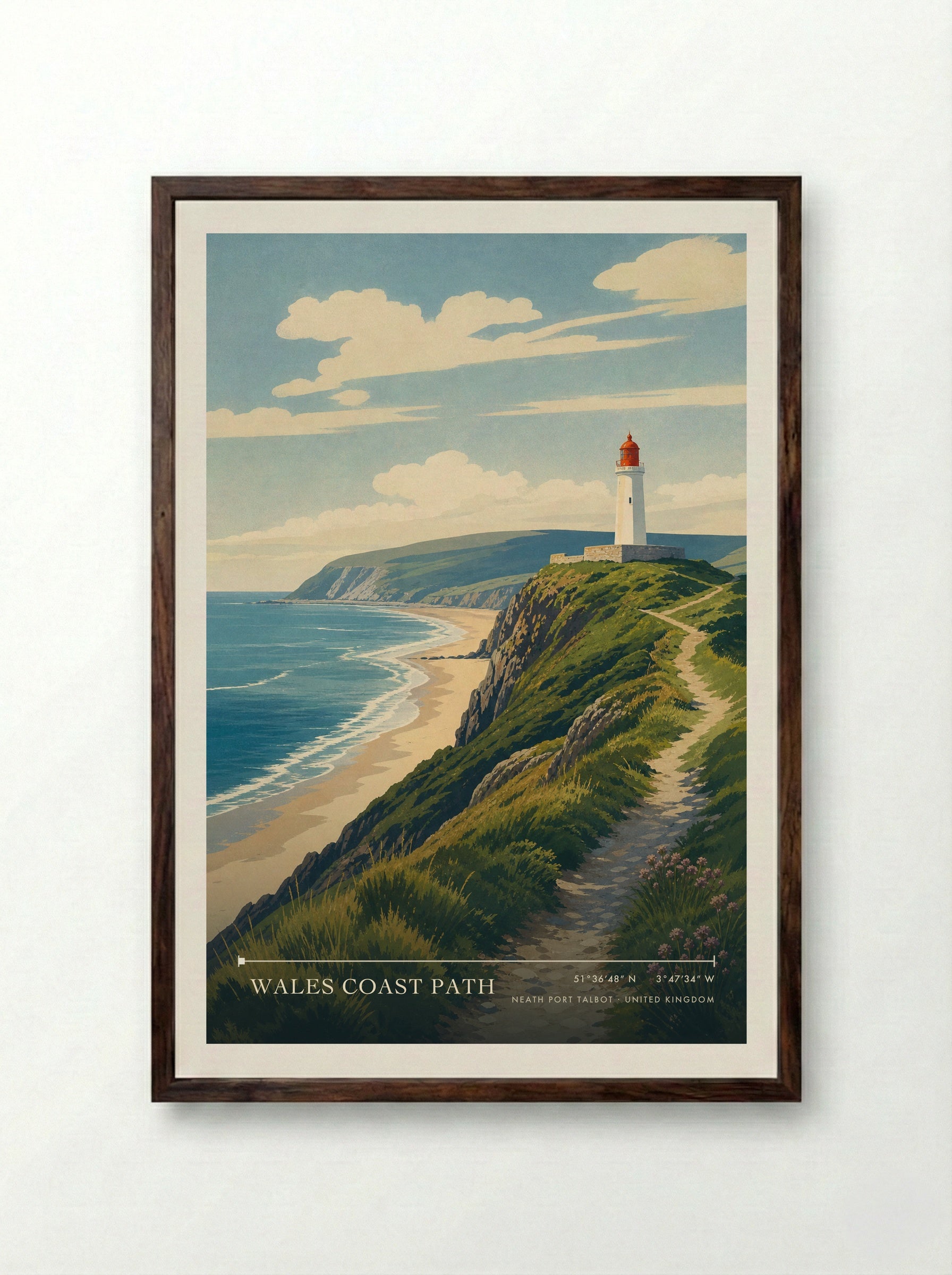 Wales Coast Path Neath Port Talbot United Kingdom Travel Poster - Framed Print Dark Wood
