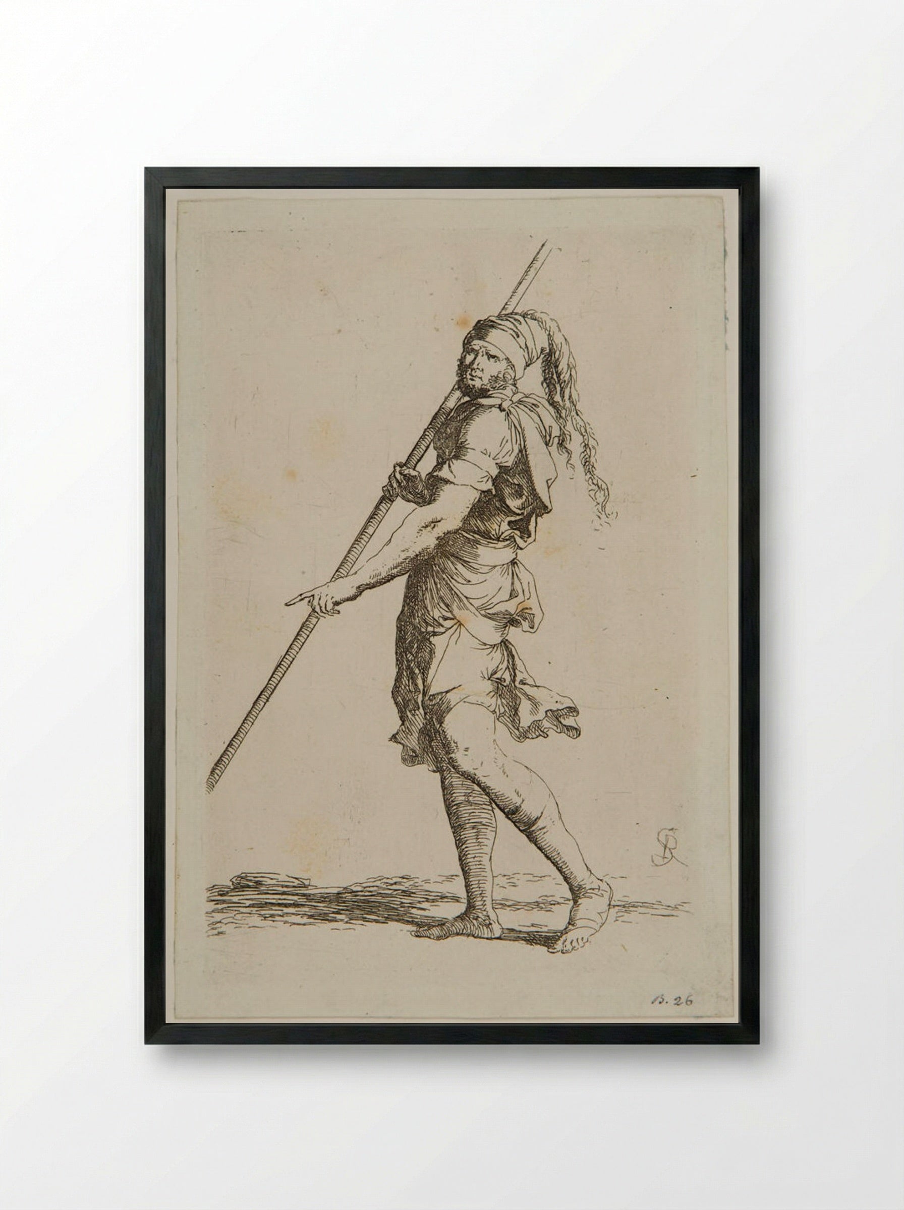 Walking Soldier Leaning on a Stick - Salvator Rosa - Framed Print Black