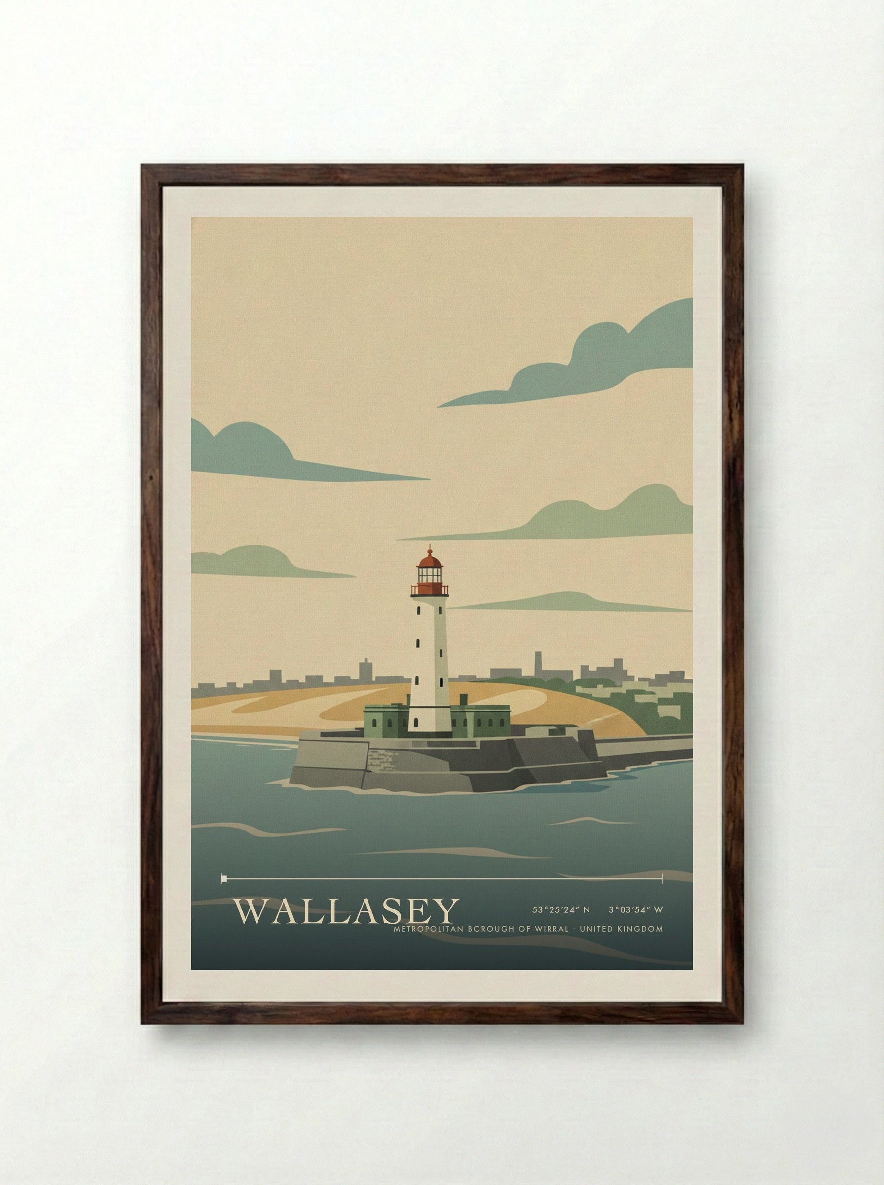 Wallasey Metropolitan Borough of Wirral United Kingdom Travel Poster - Framed Print Dark Wood