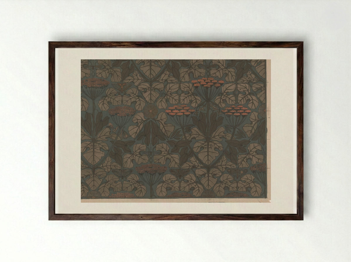 Wallpaper Design with Umbellifers, Butterflies and Dragonflies - Theo Nieuwenhuis - Framed Print Dark Wood