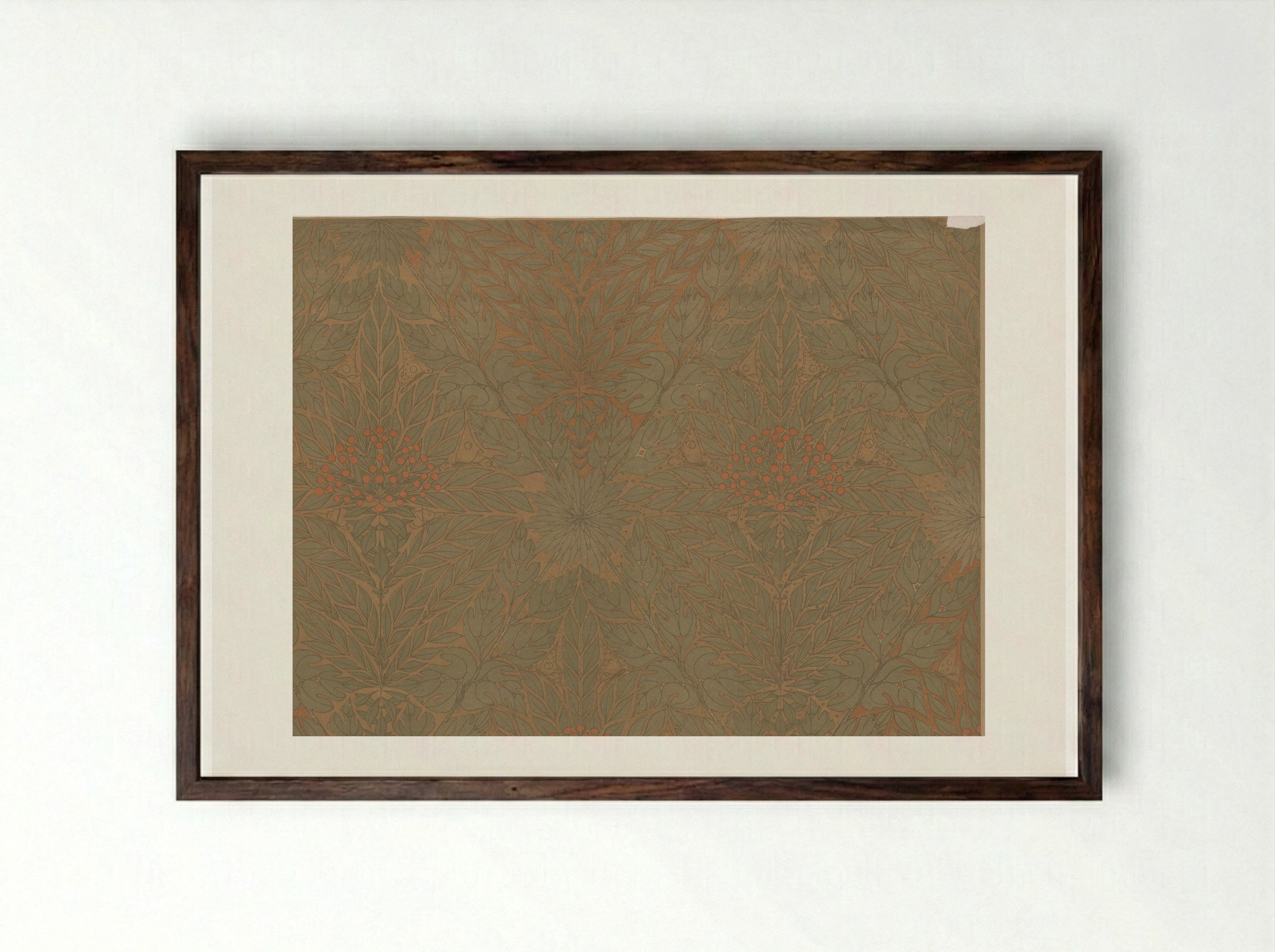 Wallpaper with Branches, Berries, and Butterflies - Theo Nieuwenhuis - Framed Print Dark Wood