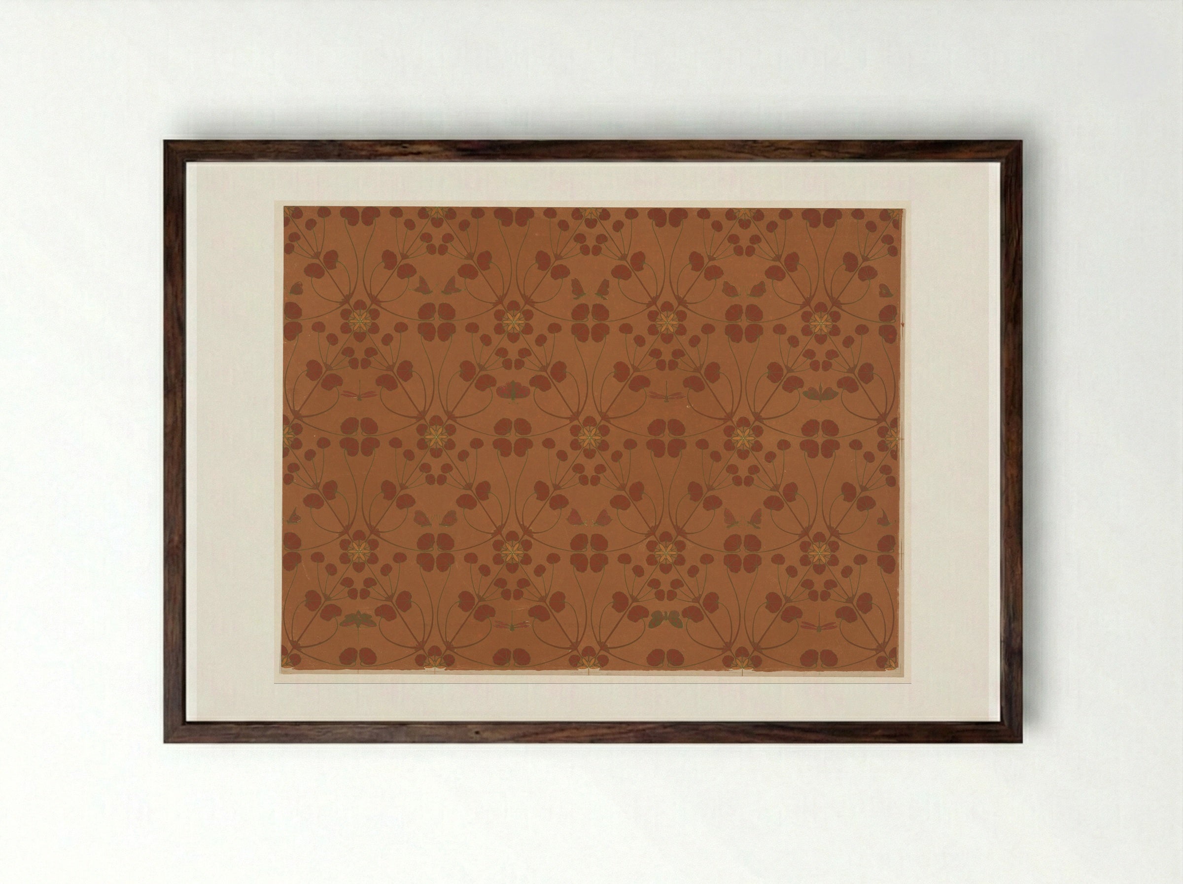 Wallpaper with Flowers, Butterflies and Dragonflies - Theo Nieuwenhuis - Framed Print Dark Wood