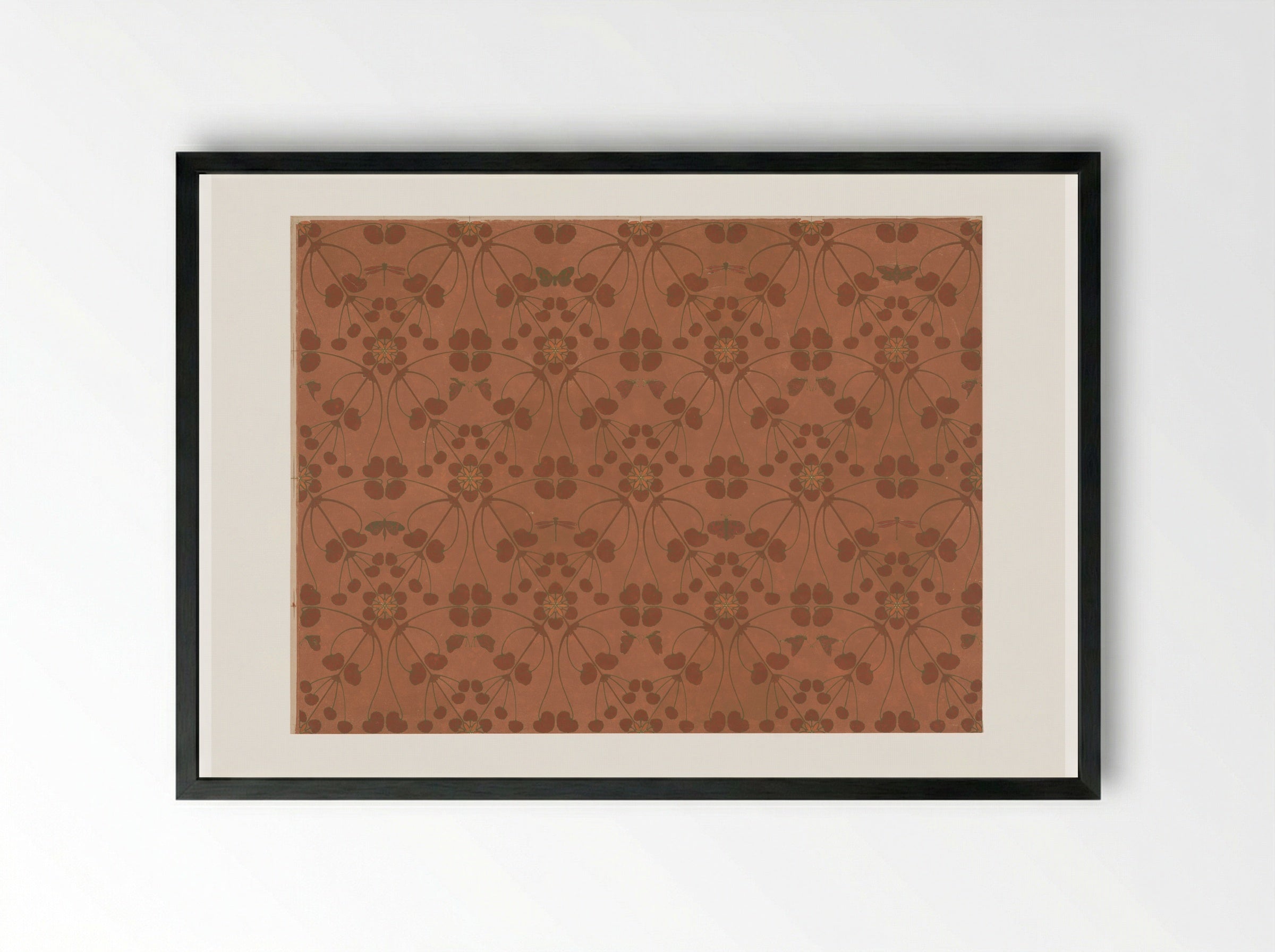 Wallpaper with Small Leaves, Butterflies and Dragonflies - Theo Nieuwenhuis - Framed Print Black