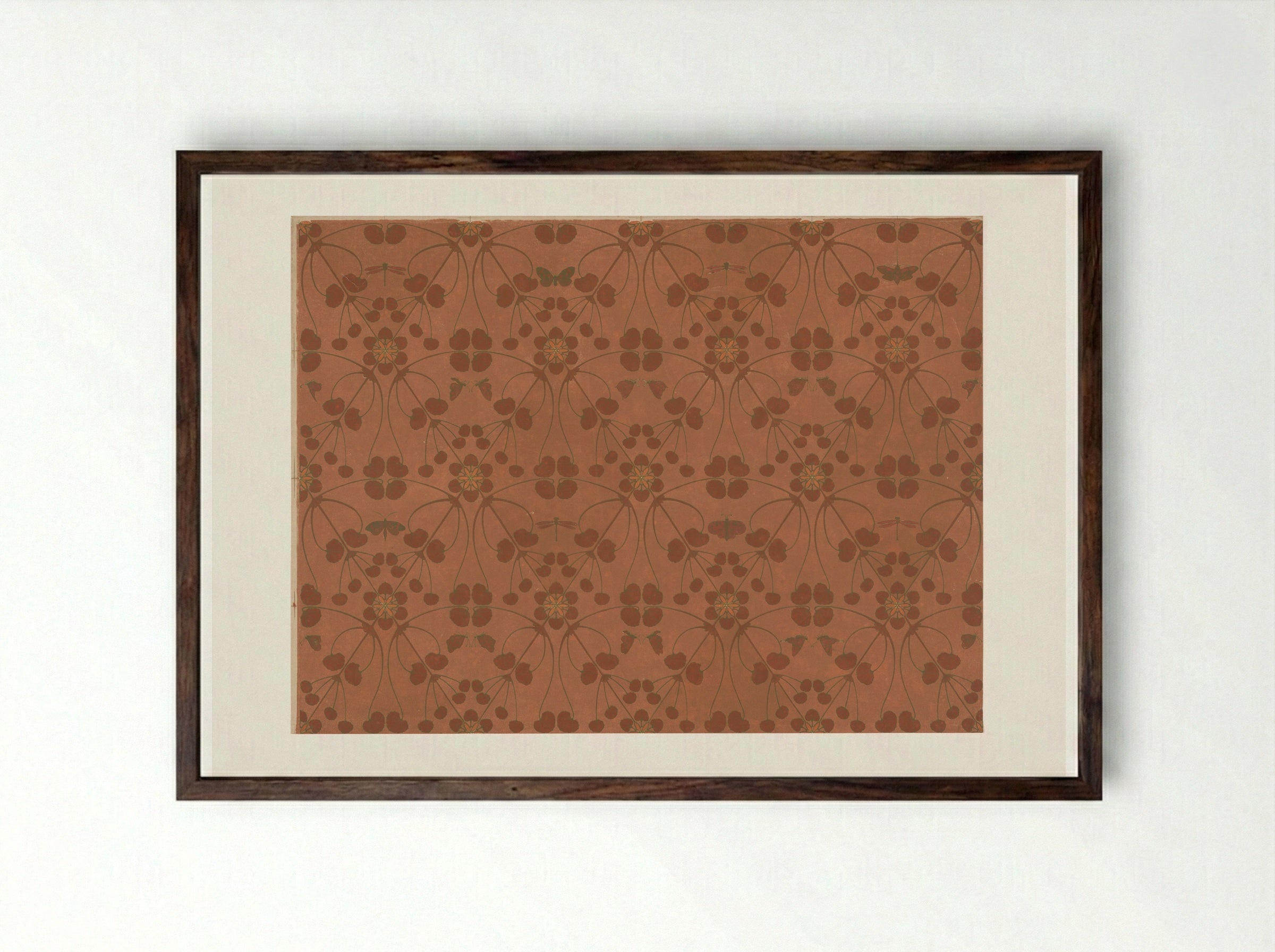 Wallpaper with Small Leaves, Butterflies and Dragonflies - Theo Nieuwenhuis - Framed Print Dark Wood