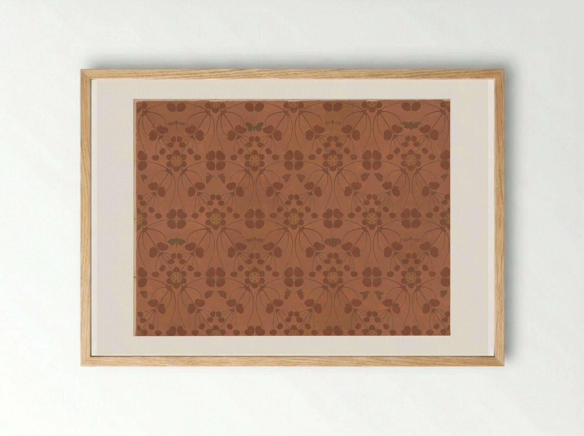 Wallpaper with Small Leaves, Butterflies and Dragonflies - Theo Nieuwenhuis - Framed Print Wood