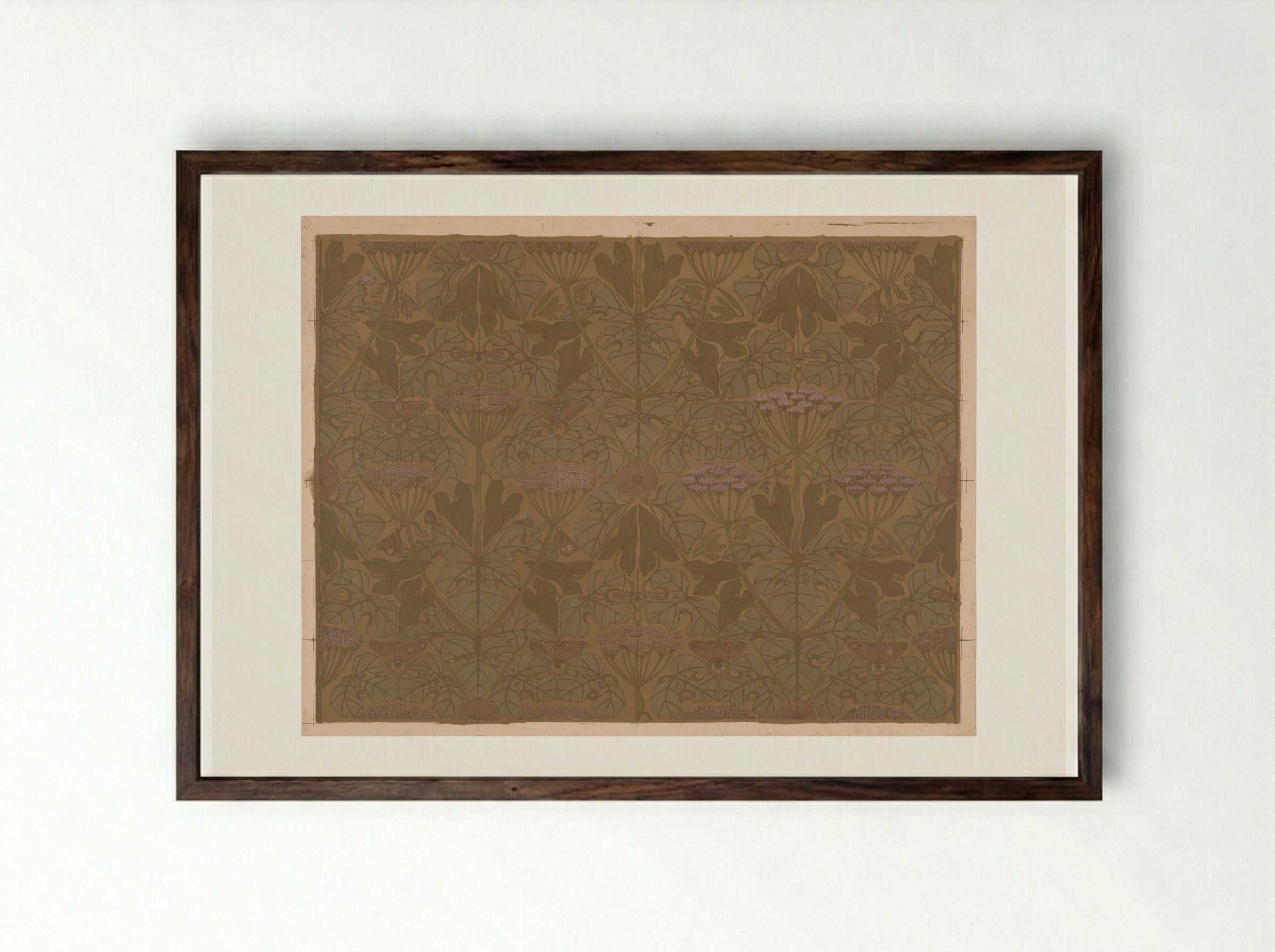 Wallpaper with Umbellifers, Butterflies and Dragonflies - Theo Nieuwenhuis - Framed Print Dark Wood
