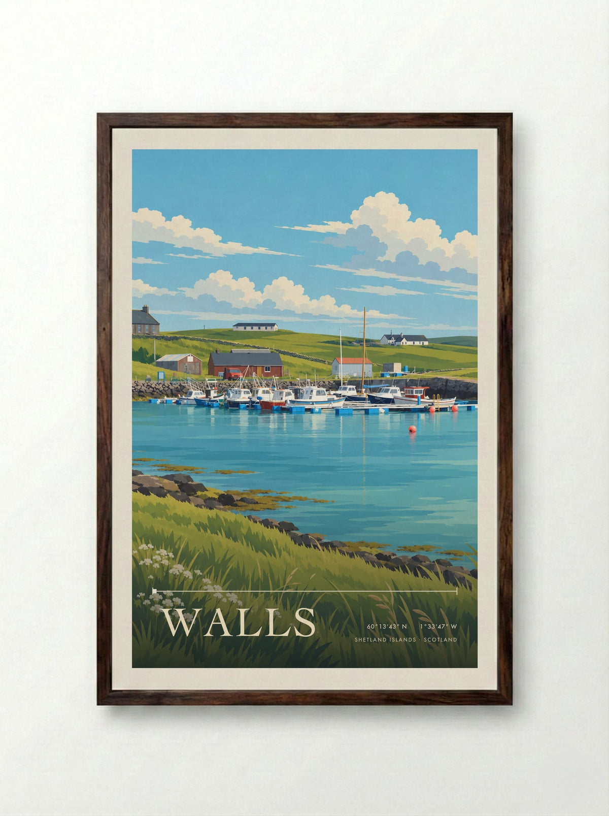 Walls, Shetland Islands | Travel Poster - Framed Print Dark Wood
