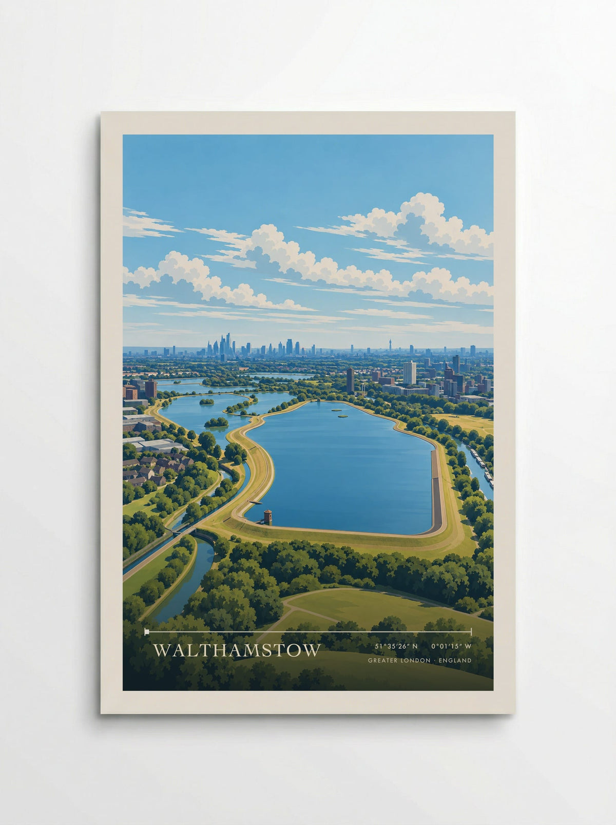 Walthamstow, Greater London travel poster: broad blue reservoirs, curving green embankments and wooded islands spread beneath a distant city skyline