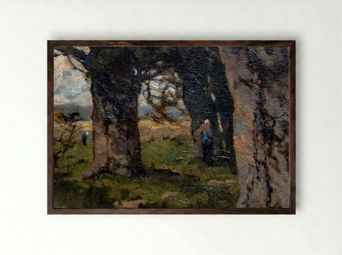 Wandelaar in de sneeuw bij de rand van een bos - Maria Bilders-van Bosse - Framed Print Dark Wood