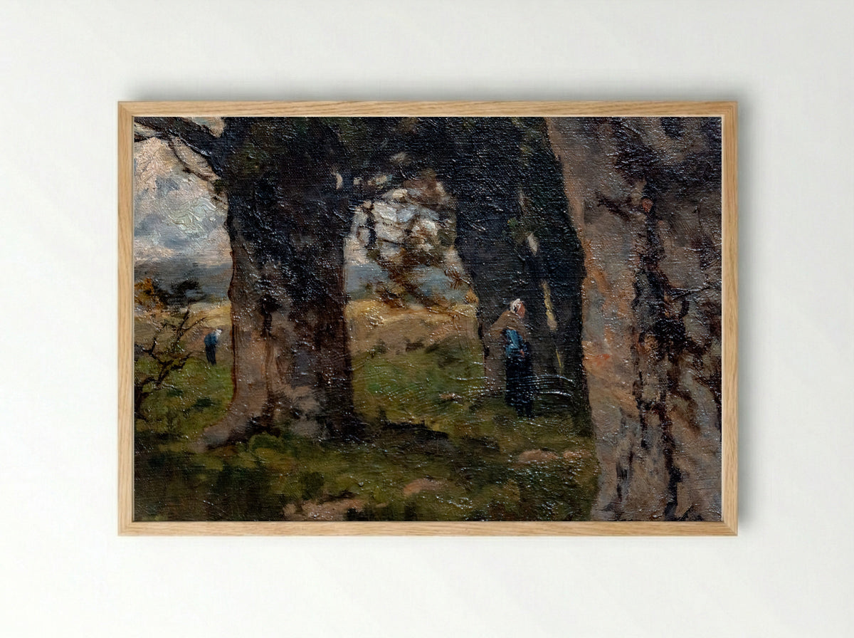 Wandelaar in de sneeuw bij de rand van een bos - Maria Bilders-van Bosse - Framed Print Wood