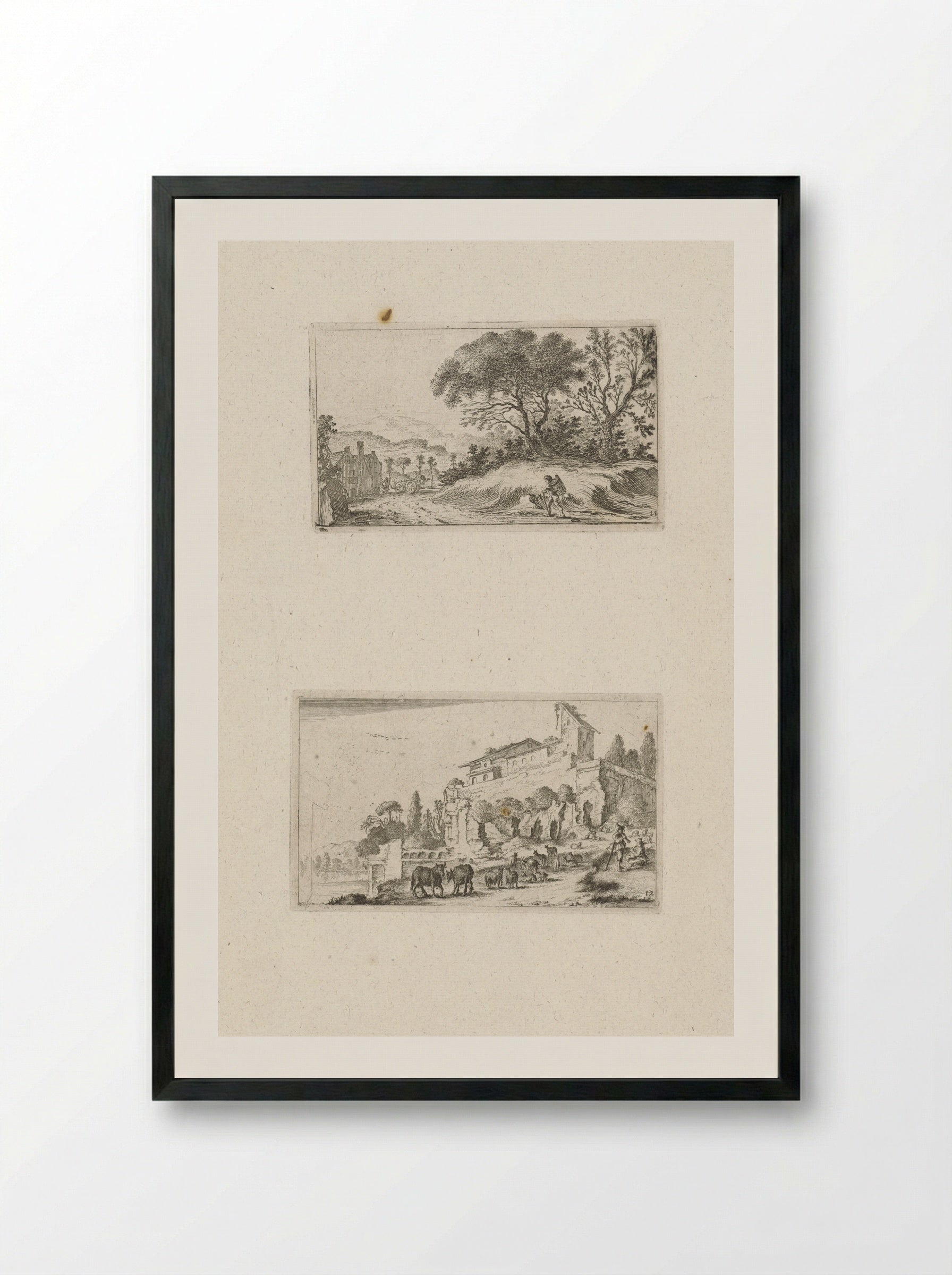 Wandelaar onderweg en ruïne van een villa op een heuvel - Gillis van Scheyndel (I) - Framed Print Black