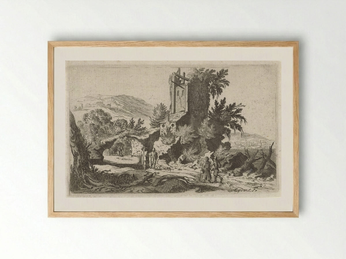 Wandelaars bij een ruïne - Gillis van Scheyndel (I) - Framed Print Wood
