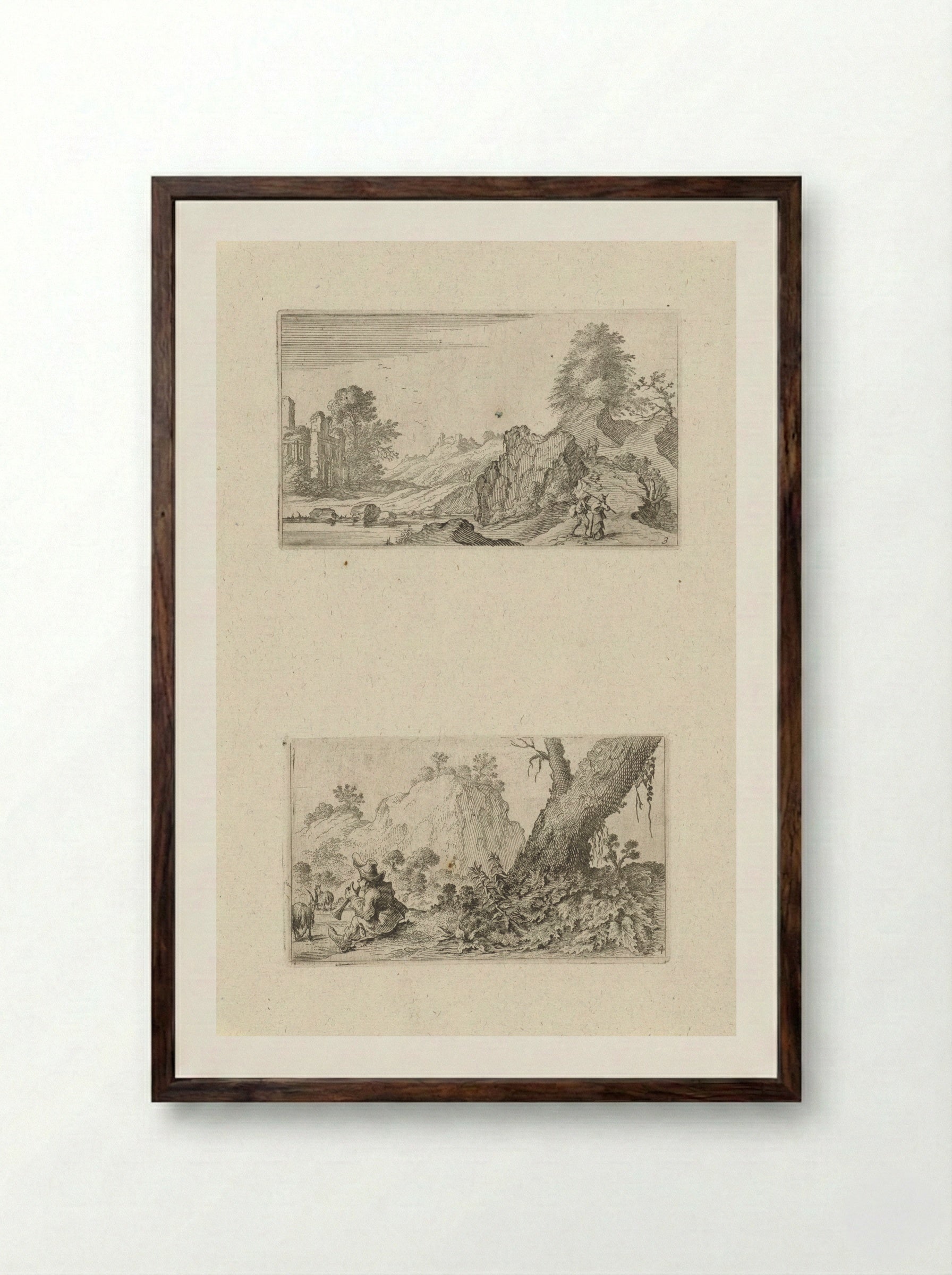 Wandelaars in een heuvellandschap en herdersjongen - Gillis van Scheyndel (I) - Framed Print Dark Wood