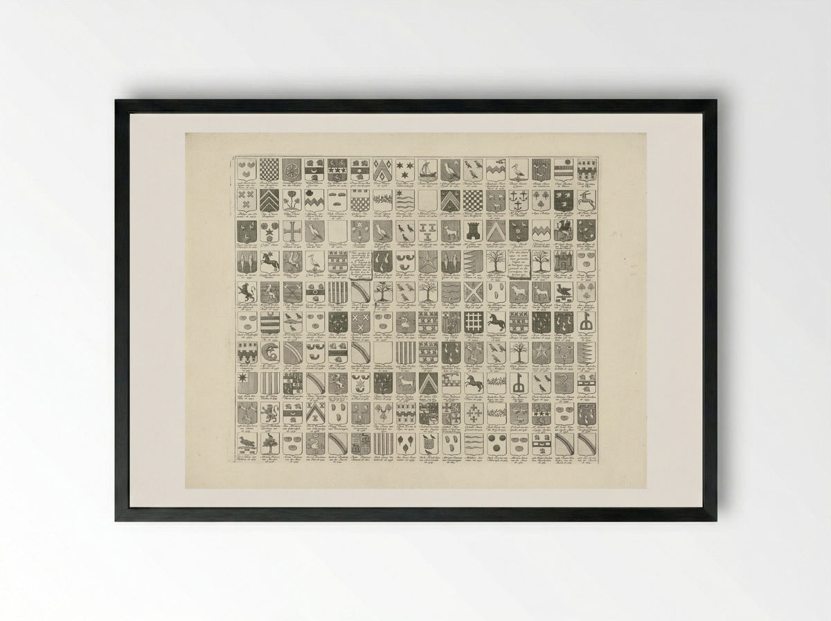 Wapenkaart met de wapens en namen van de Heren Veertigen van Delft - Hendrik de Leth - Framed Print Black