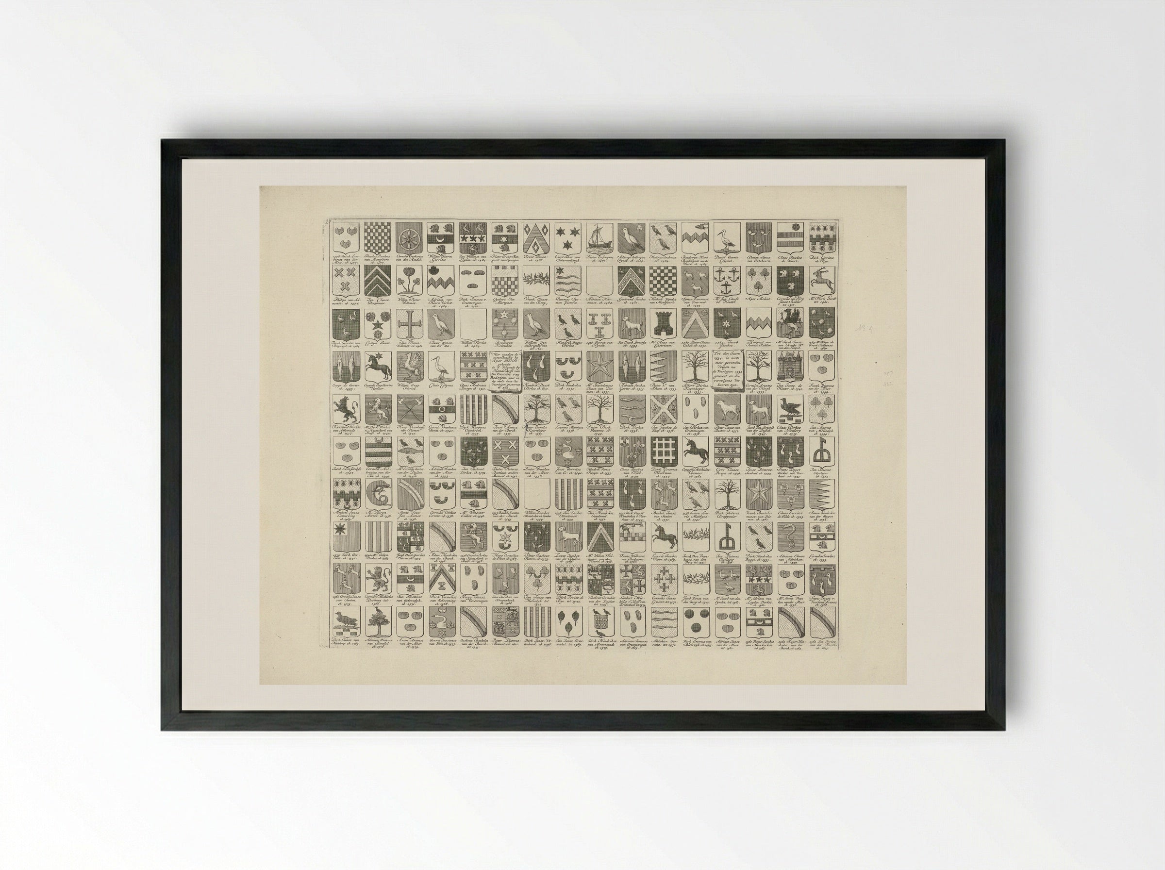 Wapenkaart met de wapens en namen van de Heren Veertigen van Delft - Hendrik de Leth - Framed Print Black