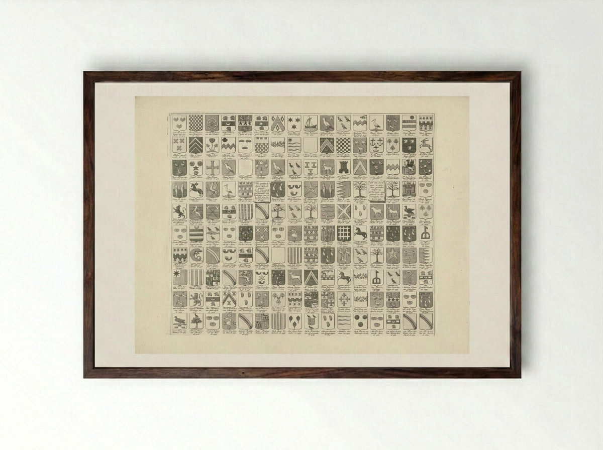 Wapenkaart met de wapens en namen van de Heren Veertigen van Delft - Hendrik de Leth - Framed Print Dark Wood