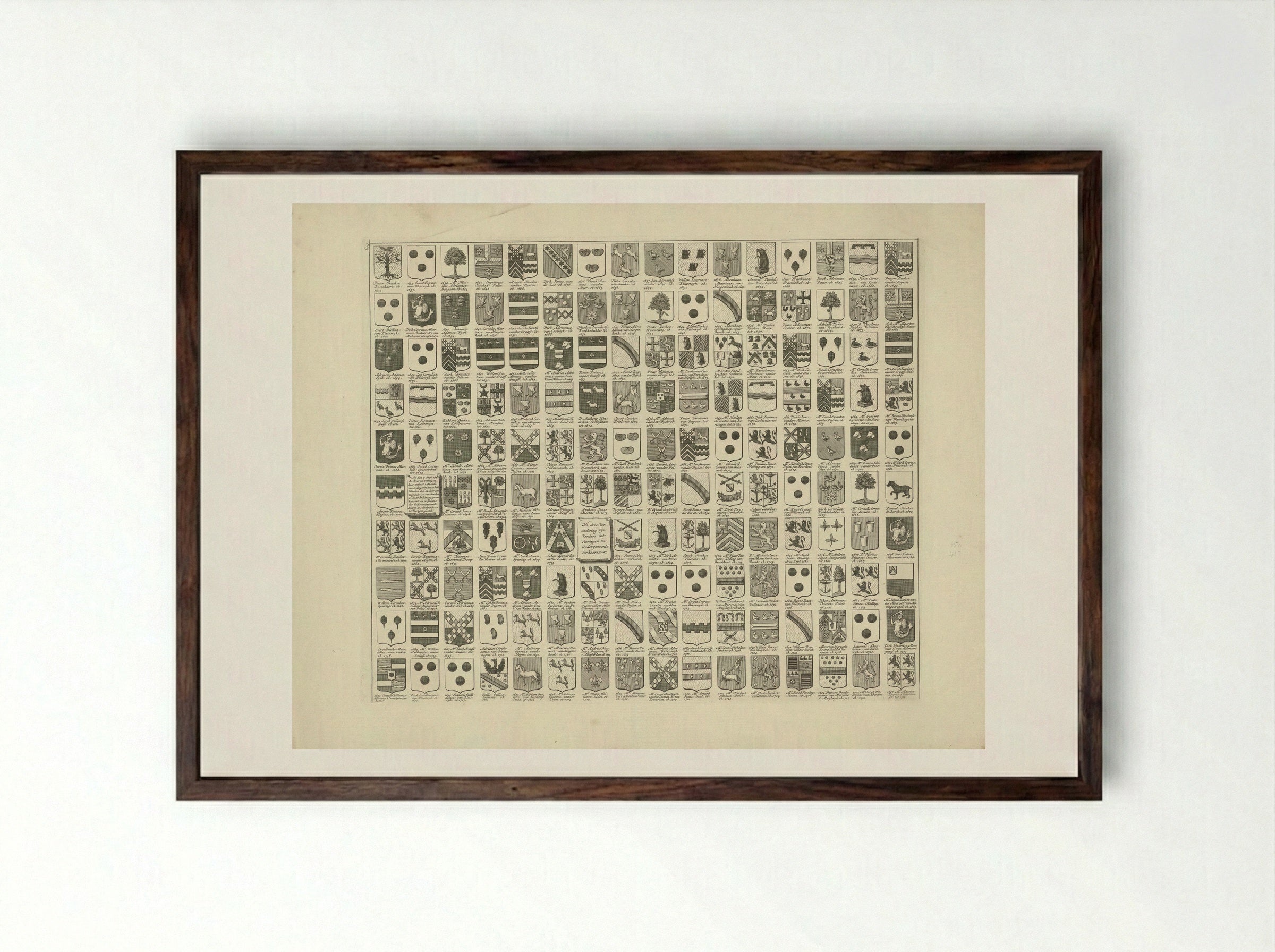 Wapenkaart met de wapens en namen van de Heren Veertigen van Delft - Hendrik de Leth - Framed Print Dark Wood