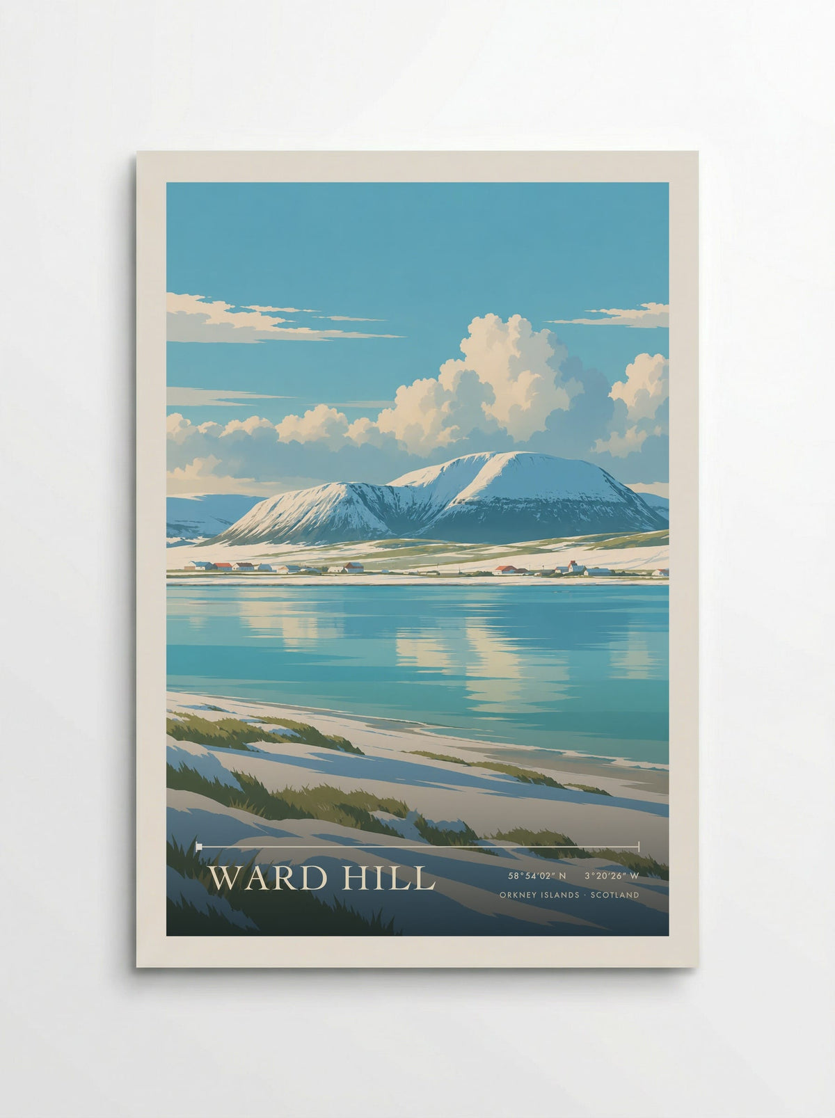 Ward Hill, Orkney Islands travel poster: snowy slopes, dark ridges and scattered shore cottages in crisp pale winter light