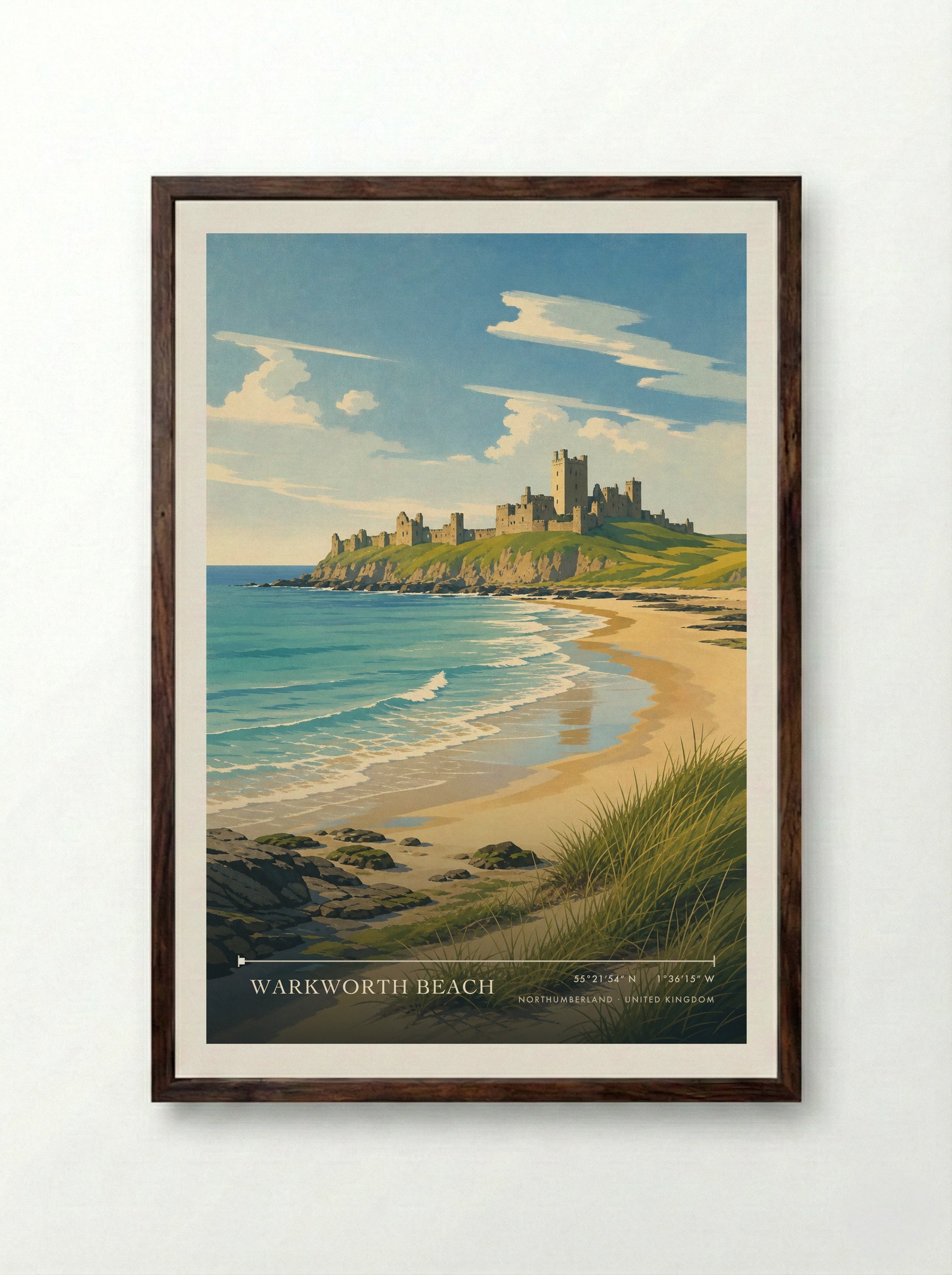 Warkworth Beach Northumberland United Kingdom Travel Poster - Framed Print Dark Wood