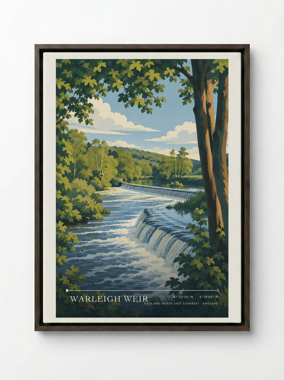 Warleigh Weir, Bath and North East Somerset | Travel Poster - Framed Canvas Dark Wood