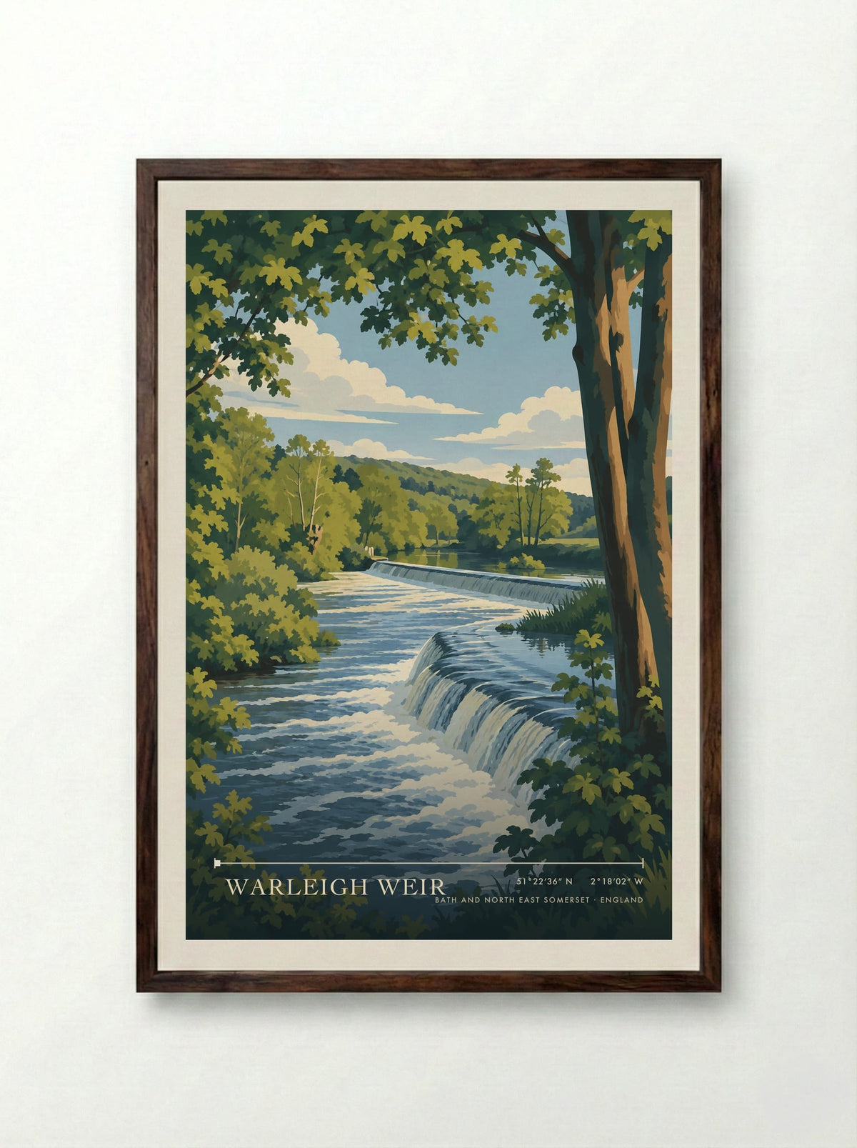 Warleigh Weir, Bath and North East Somerset | Travel Poster - Framed Print Dark Wood