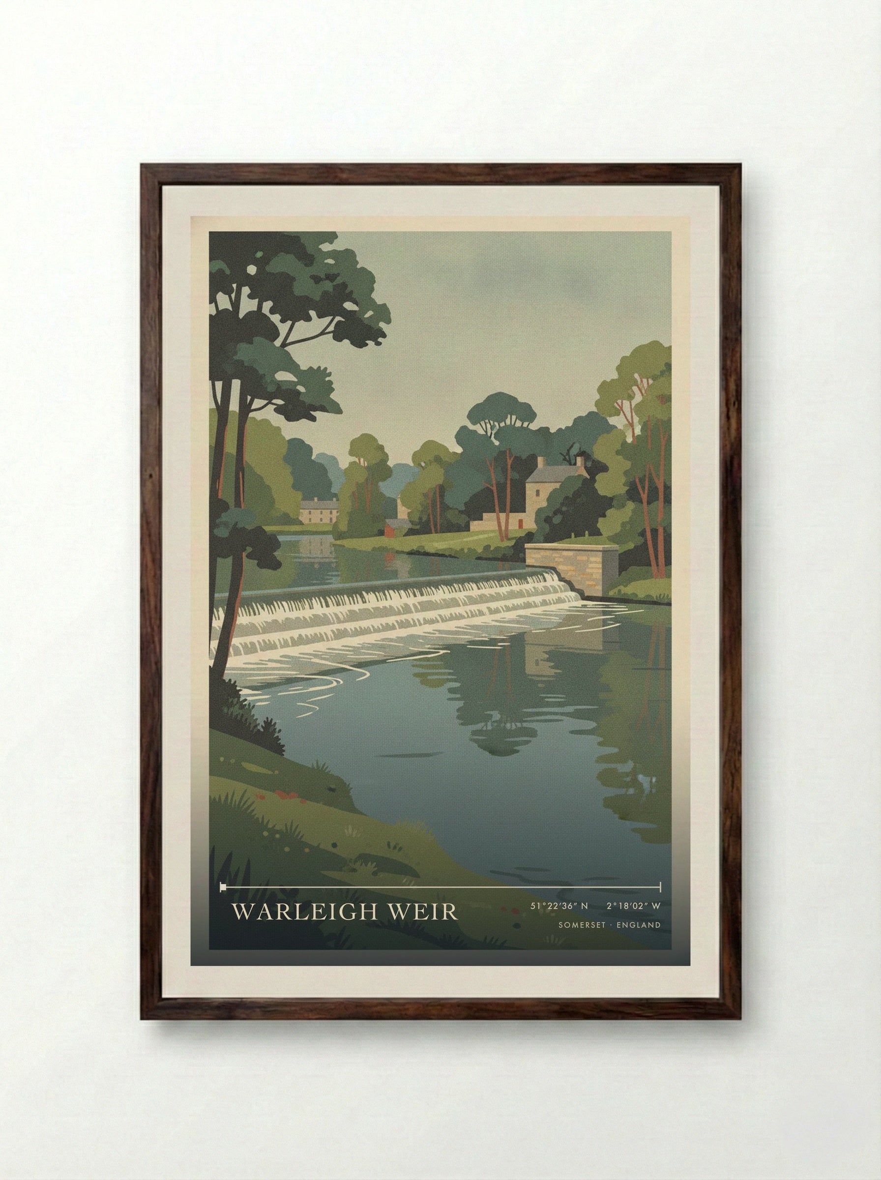 Warleigh Weir Somerset England Travel Poster - Framed Print Dark Wood