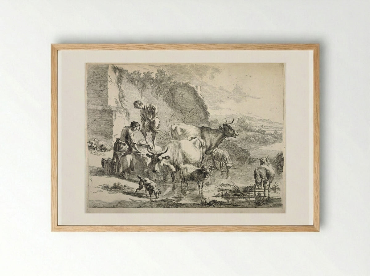 Washerwoman Drying Clothes in the Sun - Johannes Visscher - Framed Print Wood
