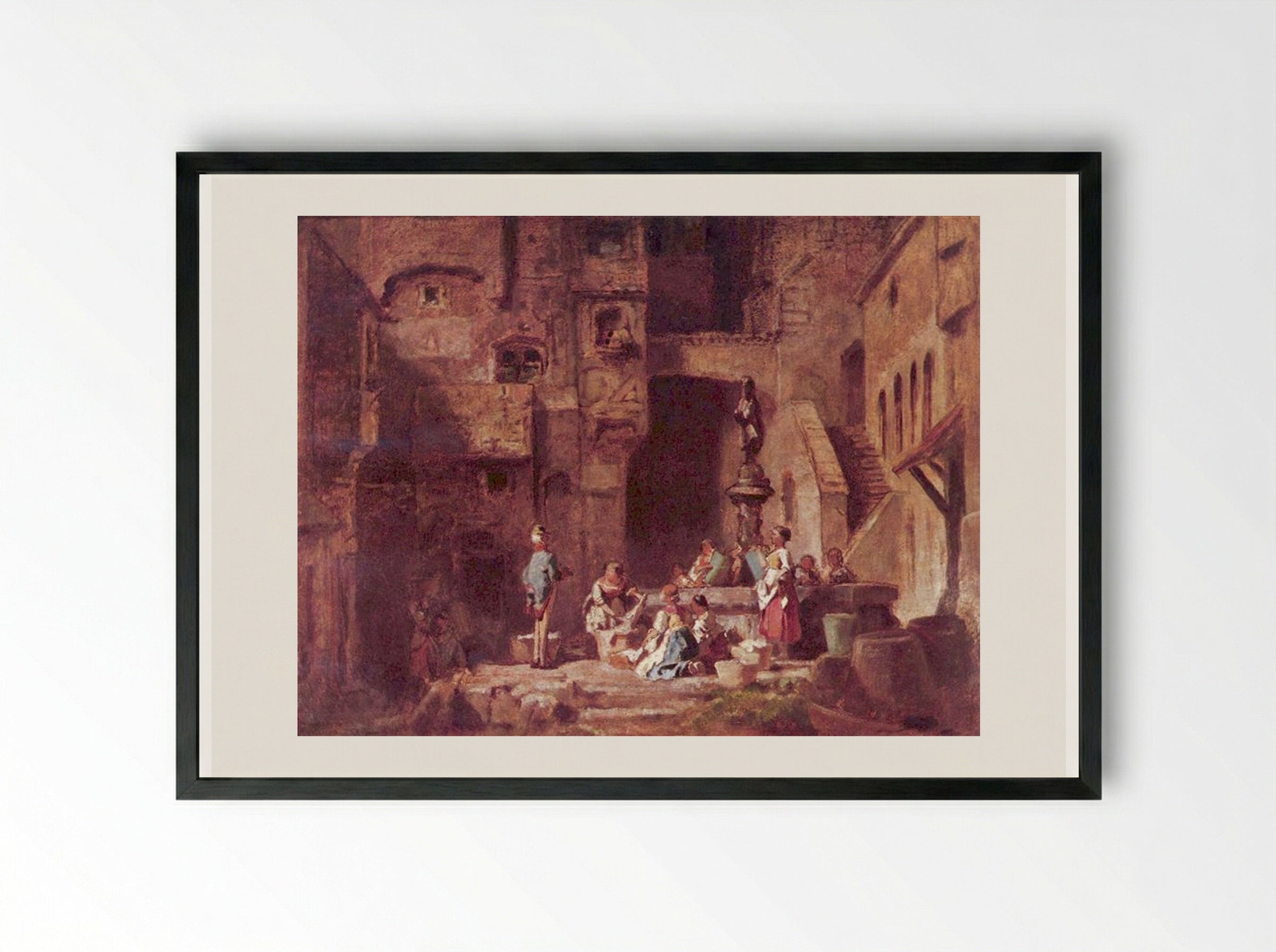 Washerwomen at the Well - Carl Spitzweg - Framed Print Black
