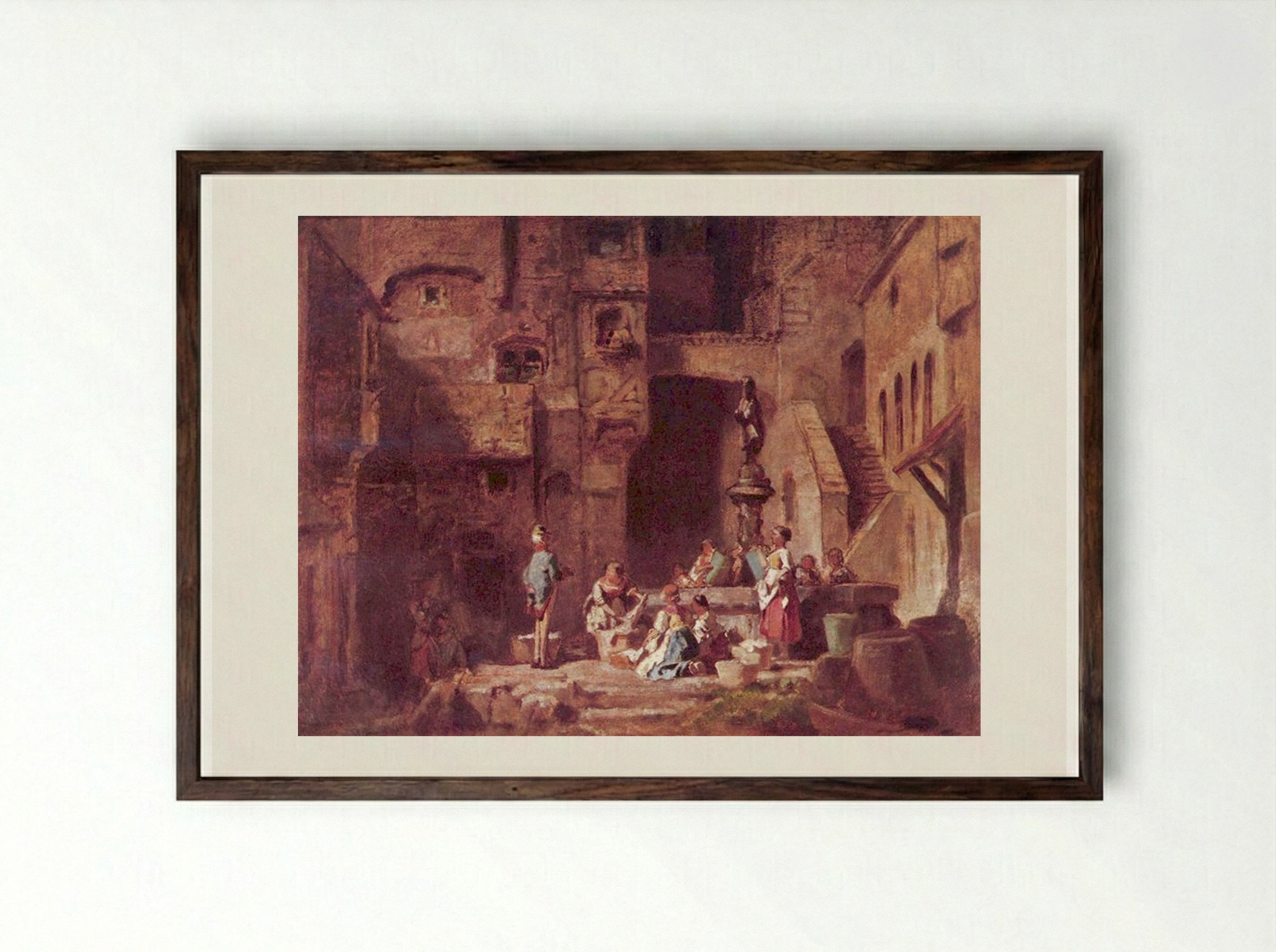 Washerwomen at the Well - Carl Spitzweg - Framed Print Dark Wood