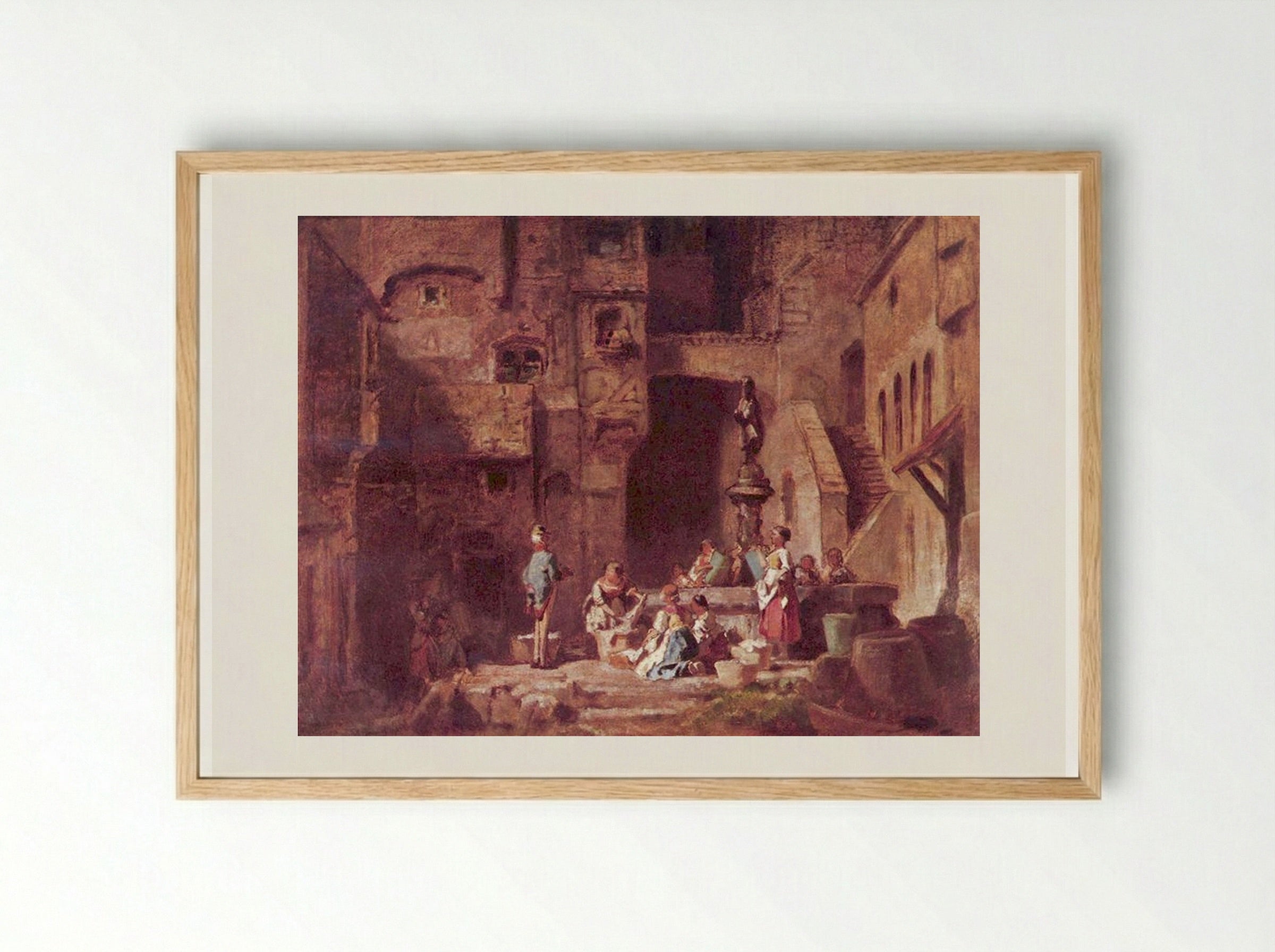 Washerwomen at the Well - Carl Spitzweg - Framed Print Wood