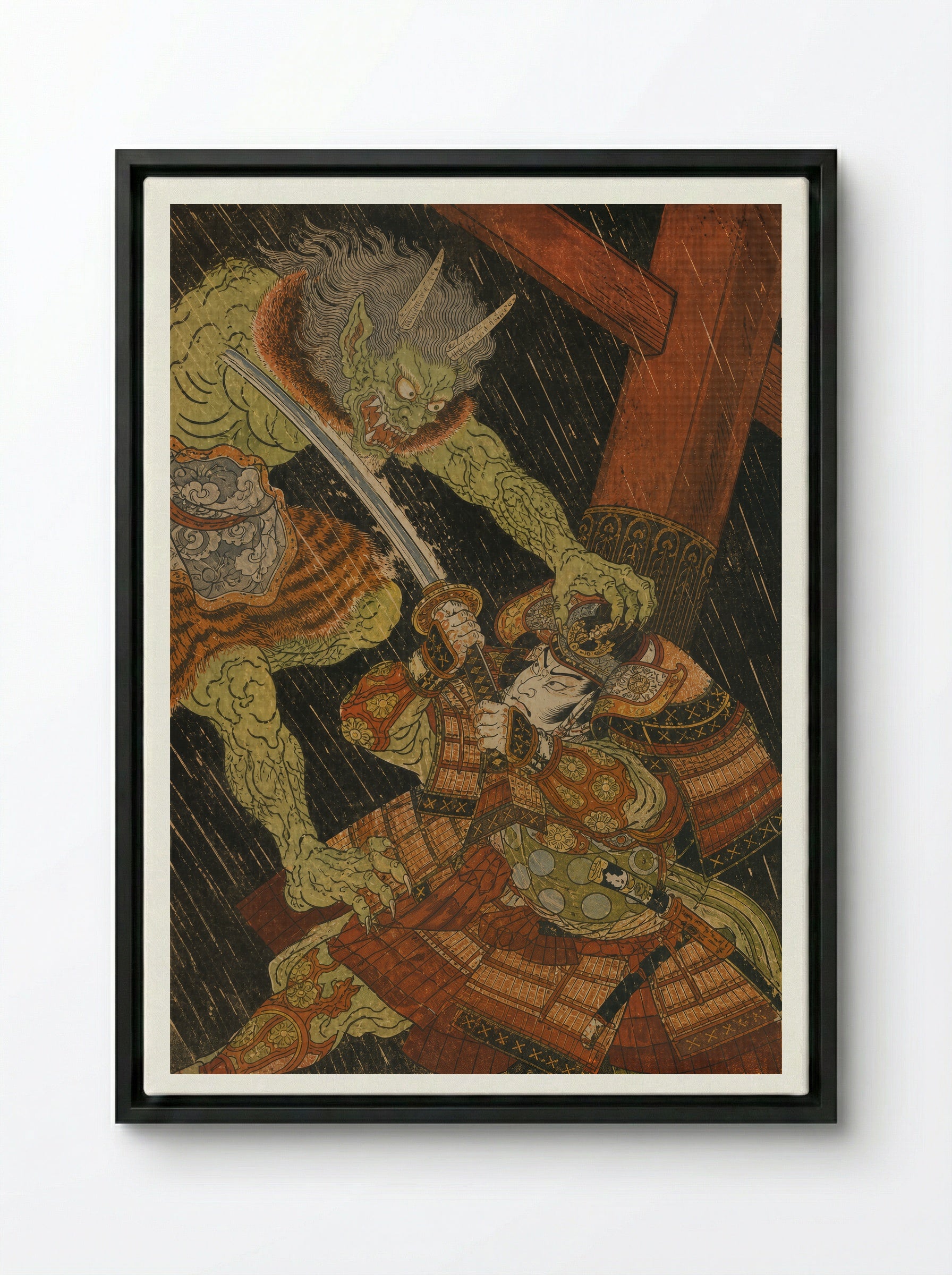 Watanabe no Tsuna at Rashomon: Beneath Rashomon - Framed Canvas Black