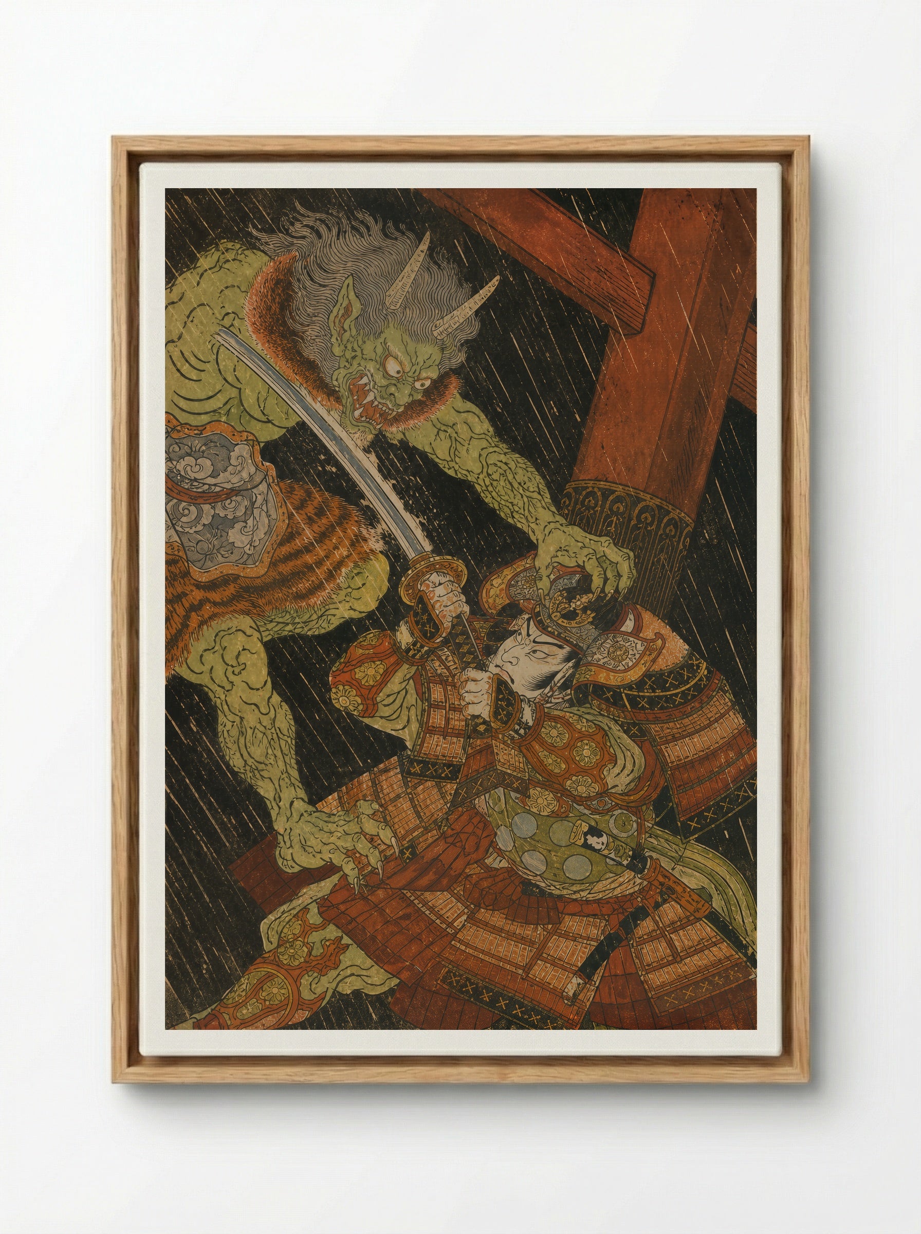 Watanabe no Tsuna at Rashomon: Beneath Rashomon - Framed Canvas Wood