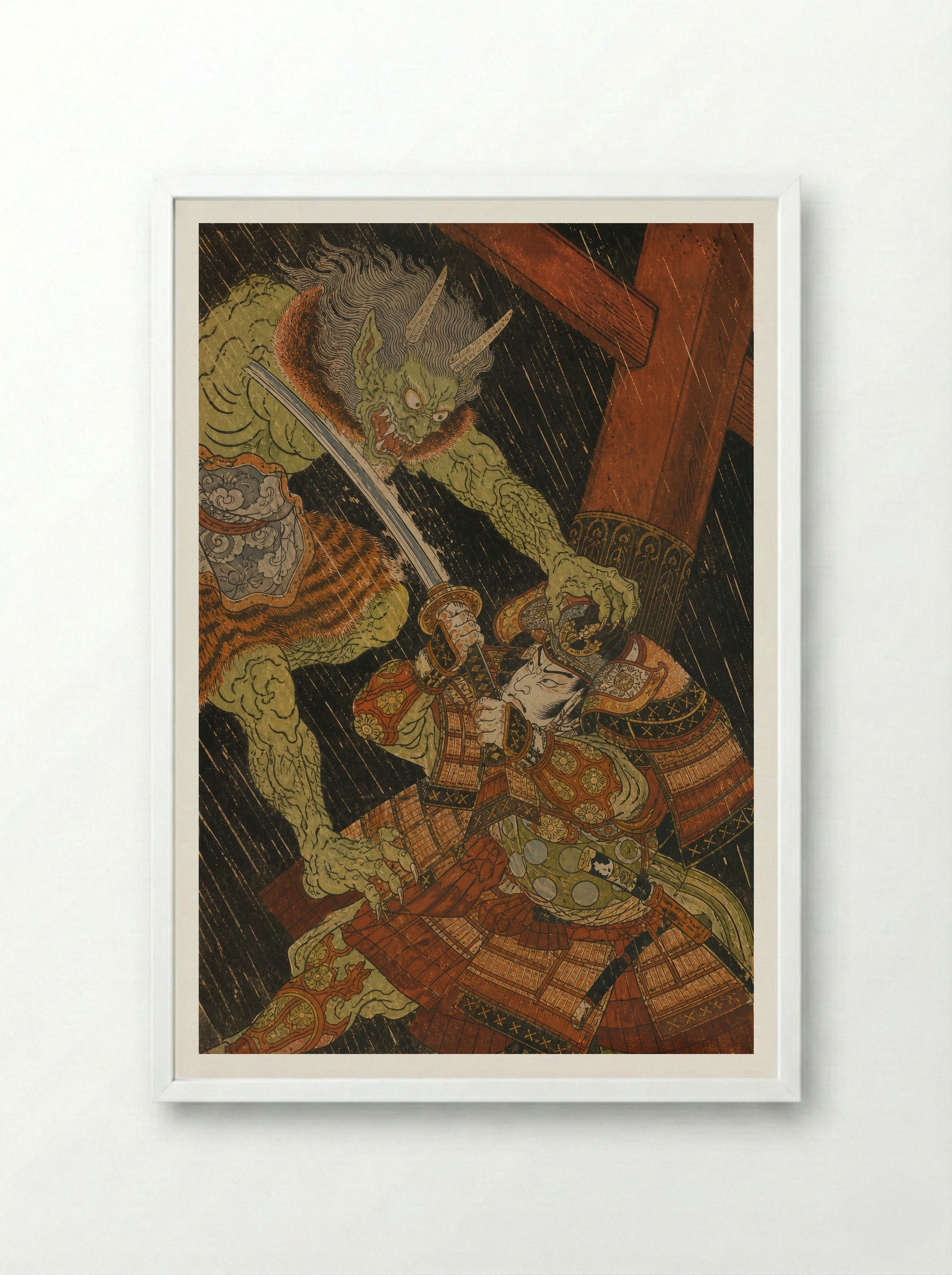Watanabe no Tsuna at Rashomon: Beneath Rashomon - Framed Print White