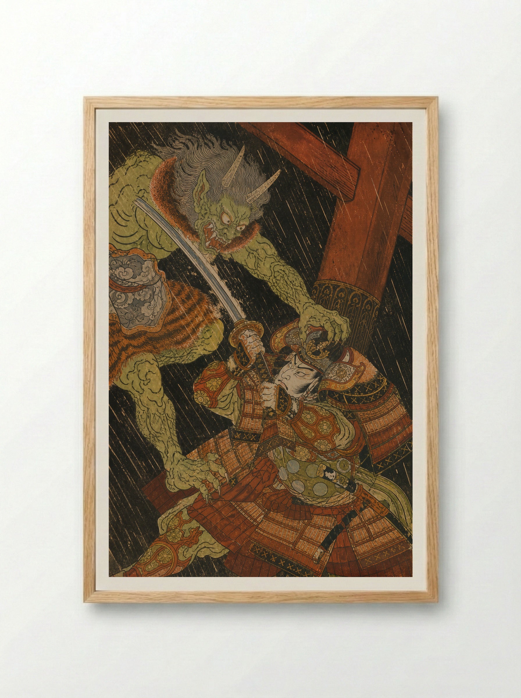 Watanabe no Tsuna at Rashomon: Beneath Rashomon - Framed Print Wood
